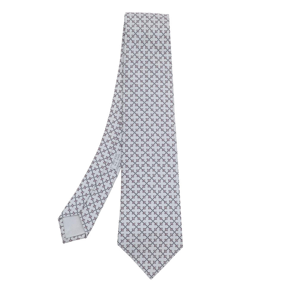  Hermes Grey Diamond Patterned Silk Jacquard Tie