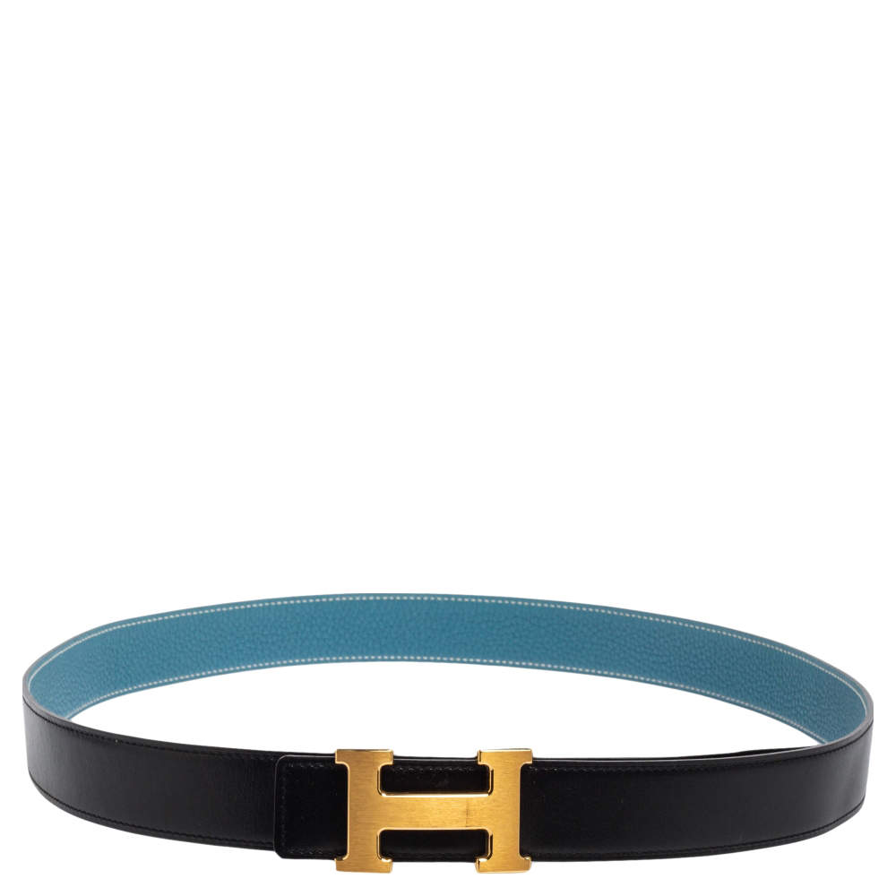 Pre Owned Hermes Black/Bleu Jean Togo and Chamonix H Buckle Reversible Belt 105CM