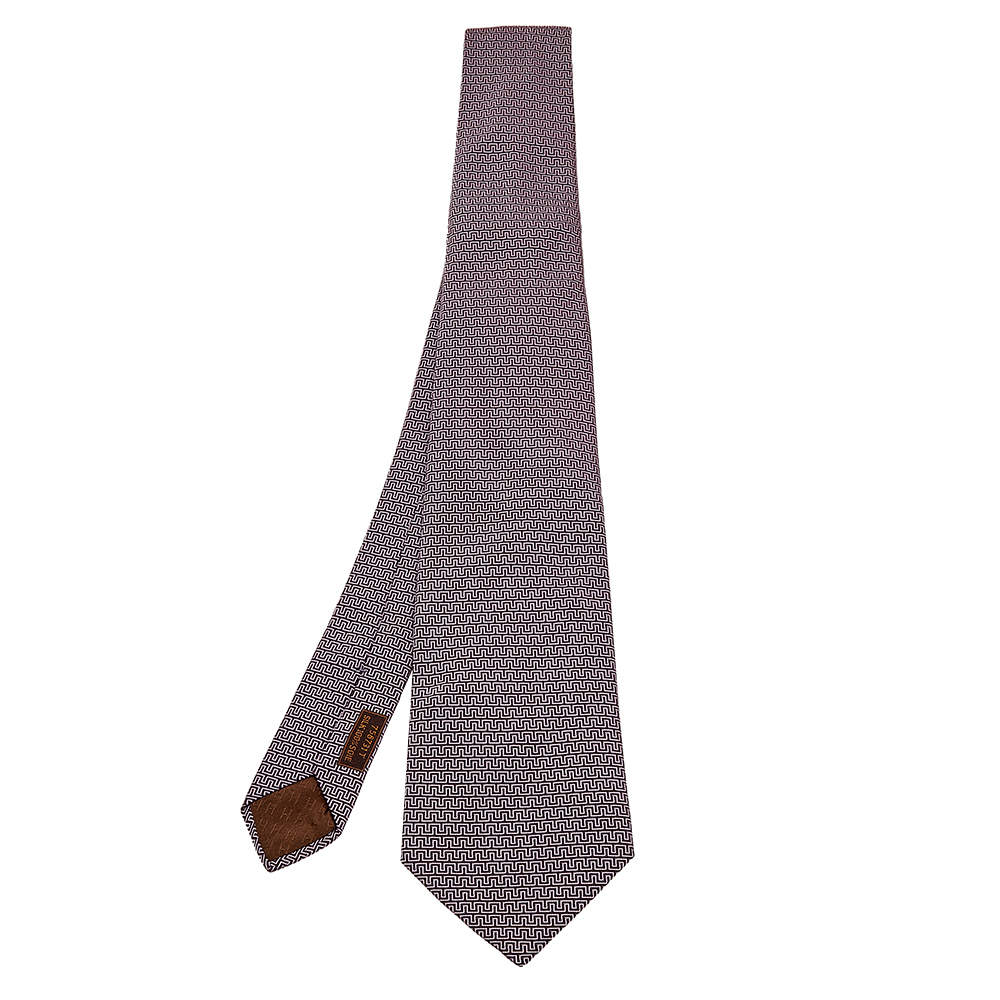 Pre Owned Hermes Light Pink Geometric Patterned Silk Jacquard Tie