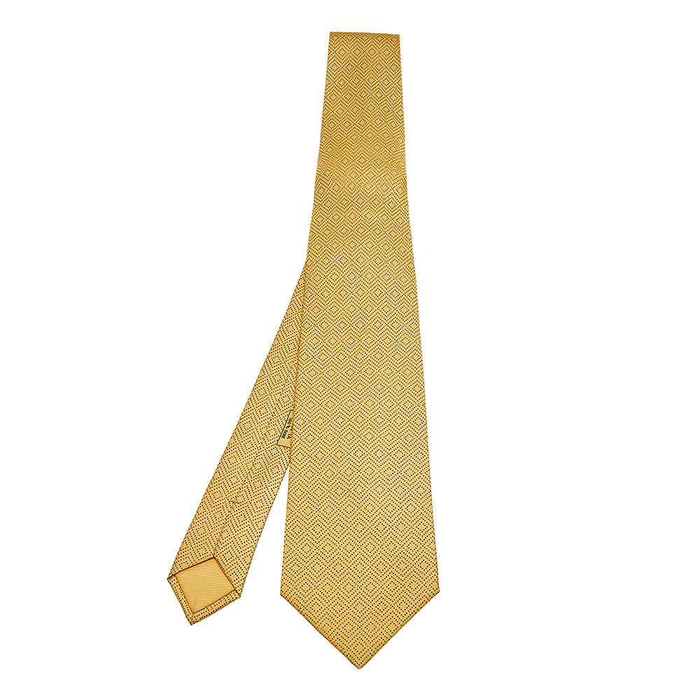 Pre Owned Hermes Yellow Diamond Printed Silk Tie
