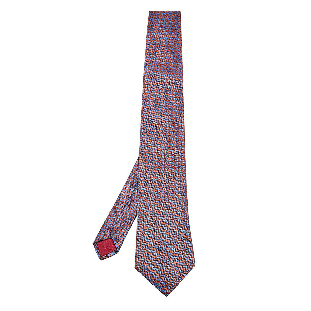 Hermes Grey & Brown Wave Patterned Silk Jacquard Tie