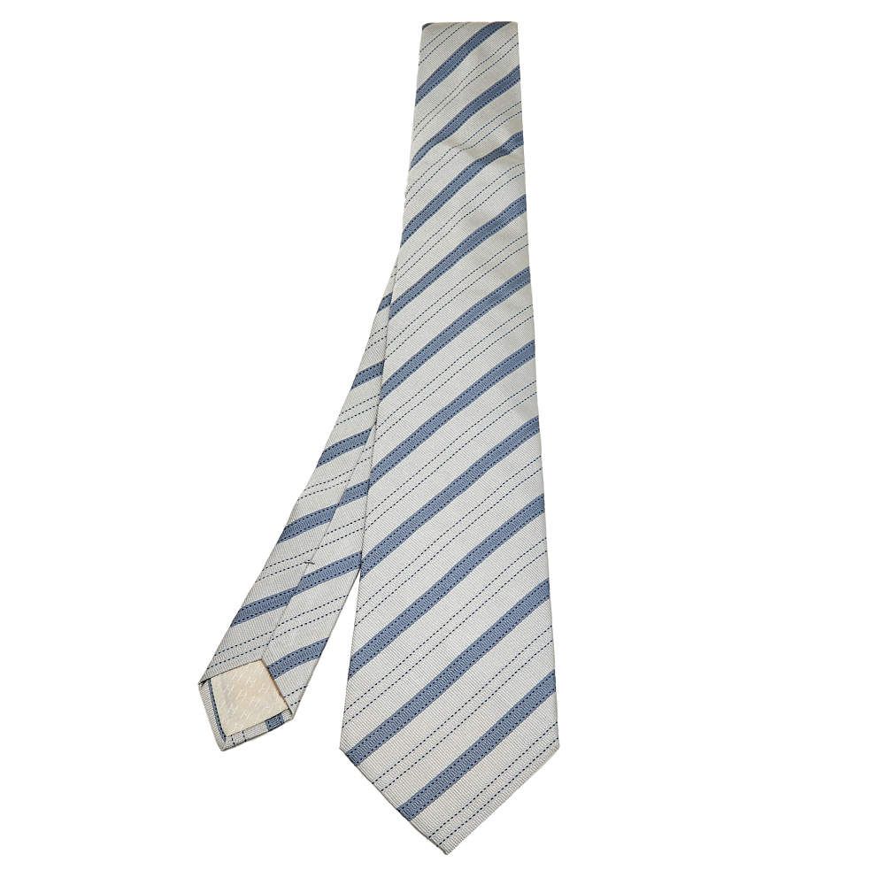 Pre Owned Hermes Grey & Blue Diagonal Striped Silk Jacquard Tie