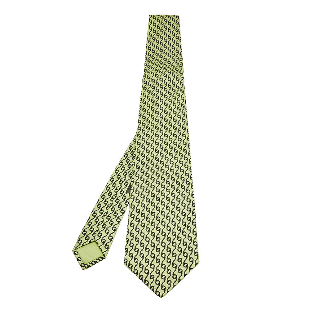 Hermes Lime Green Chainlink Printed Silk Tie