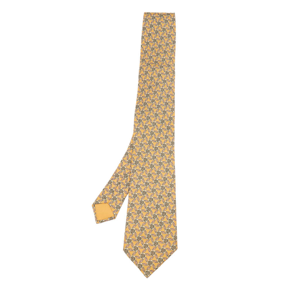 Hermes Yellow Geometric Floral Printed Silk Tie