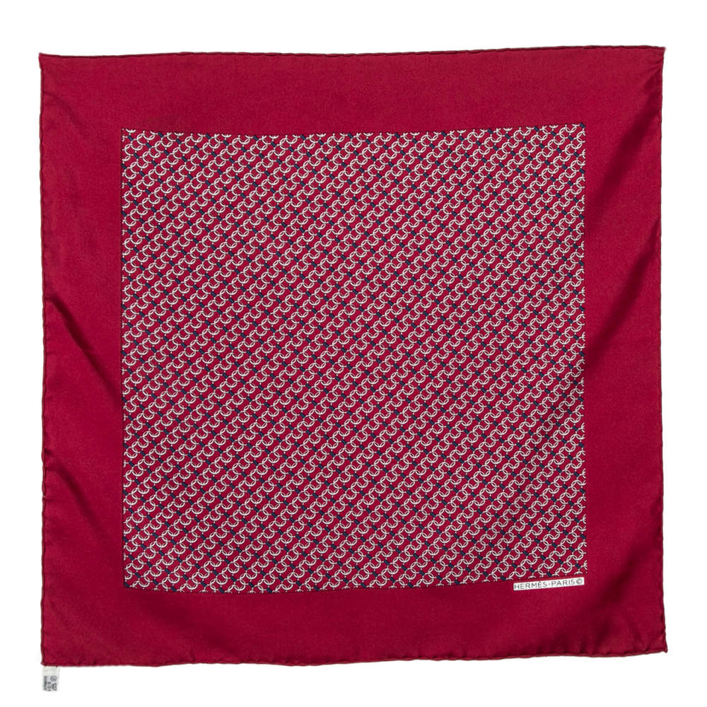 Pre Owned Hermes Red Geometric Printed Silk Pocket Square