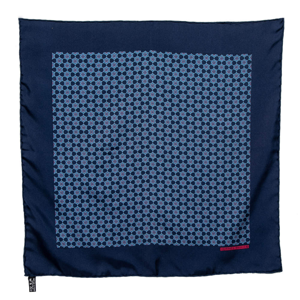 Hermes Navy Blue Printed Silk Pocket Square