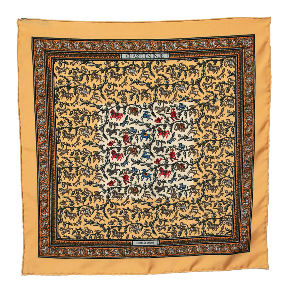 Hermes Yellow Chasse En Inde Printed Silk Pocket Square