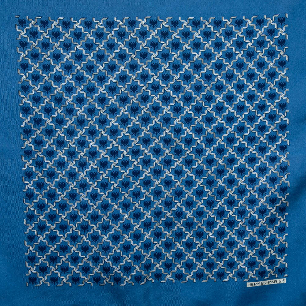 Hermes Blue & Tan Print Silk Abstract Men's Pocket Square