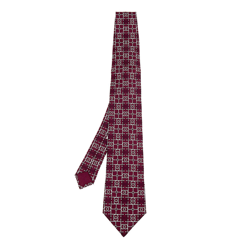 Pre Owned Hermes Burgundy Interlocking H Printed Silk Tie