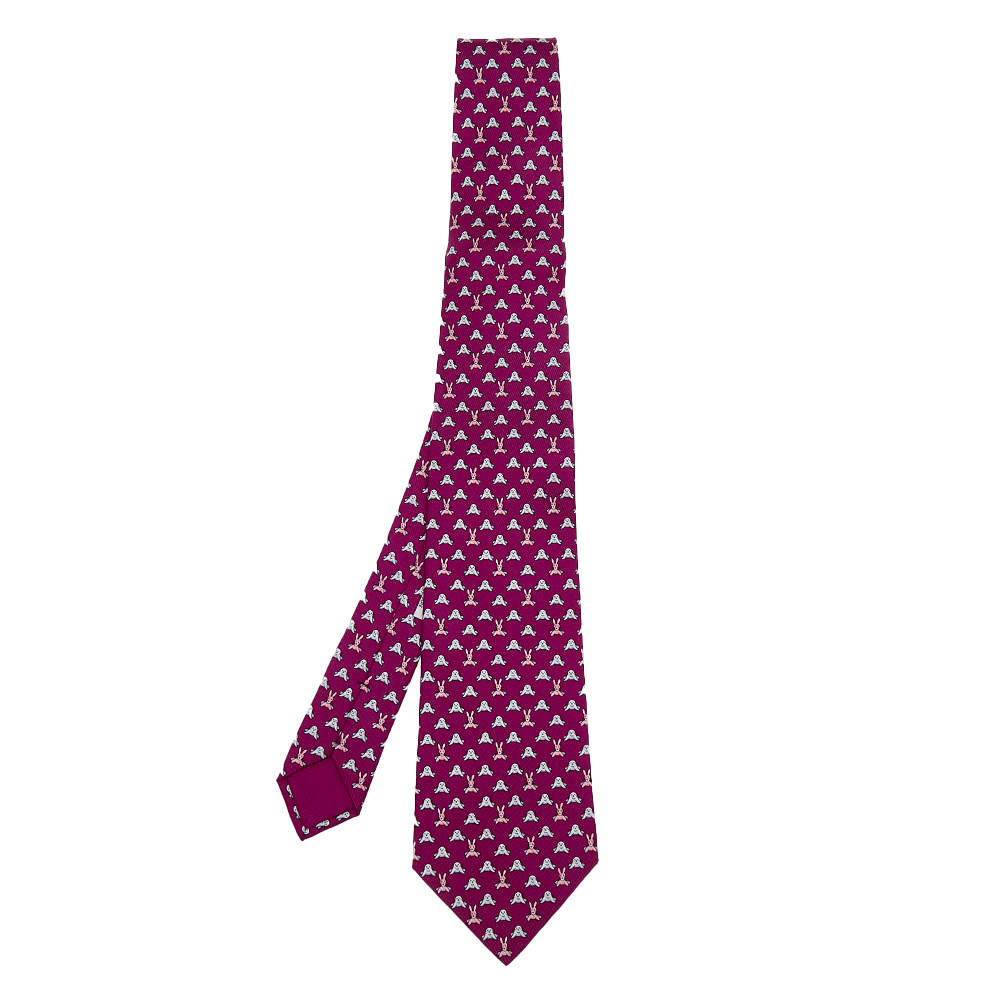 Pre Owned Hermes Magenta Rabbit & Seal Printed Silk Tie