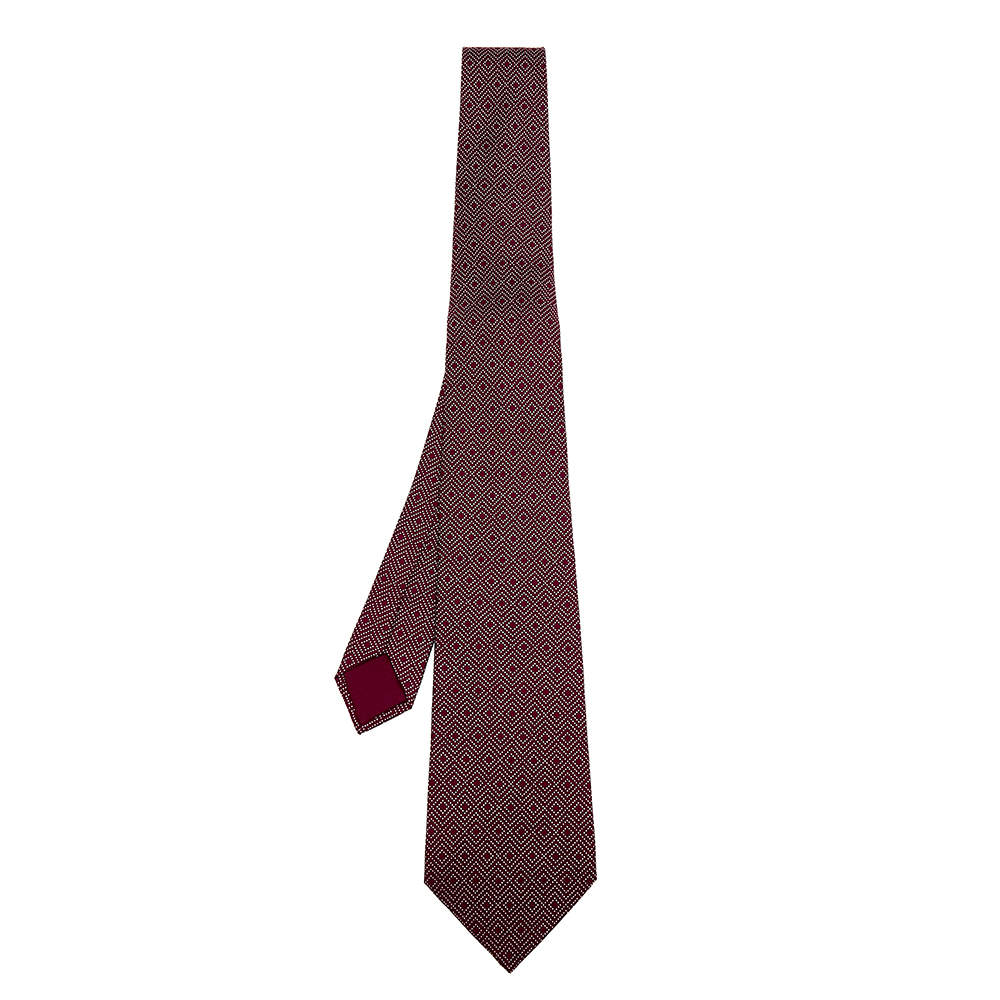 Pre Owned Hermes Burgundy Printed Silk Tie