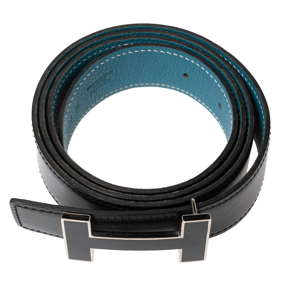 Hermes [119] Black/Bleu de Prusse Togo Reversible Leather Belt Strap 38mm