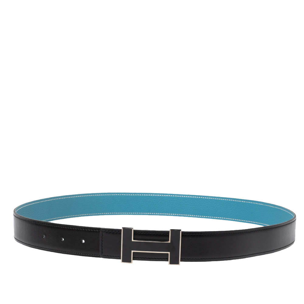 Pre Owned Hermes Black/Blue Jean Box and Togo Leather Quizz Reversible Buckle Belt 100CM