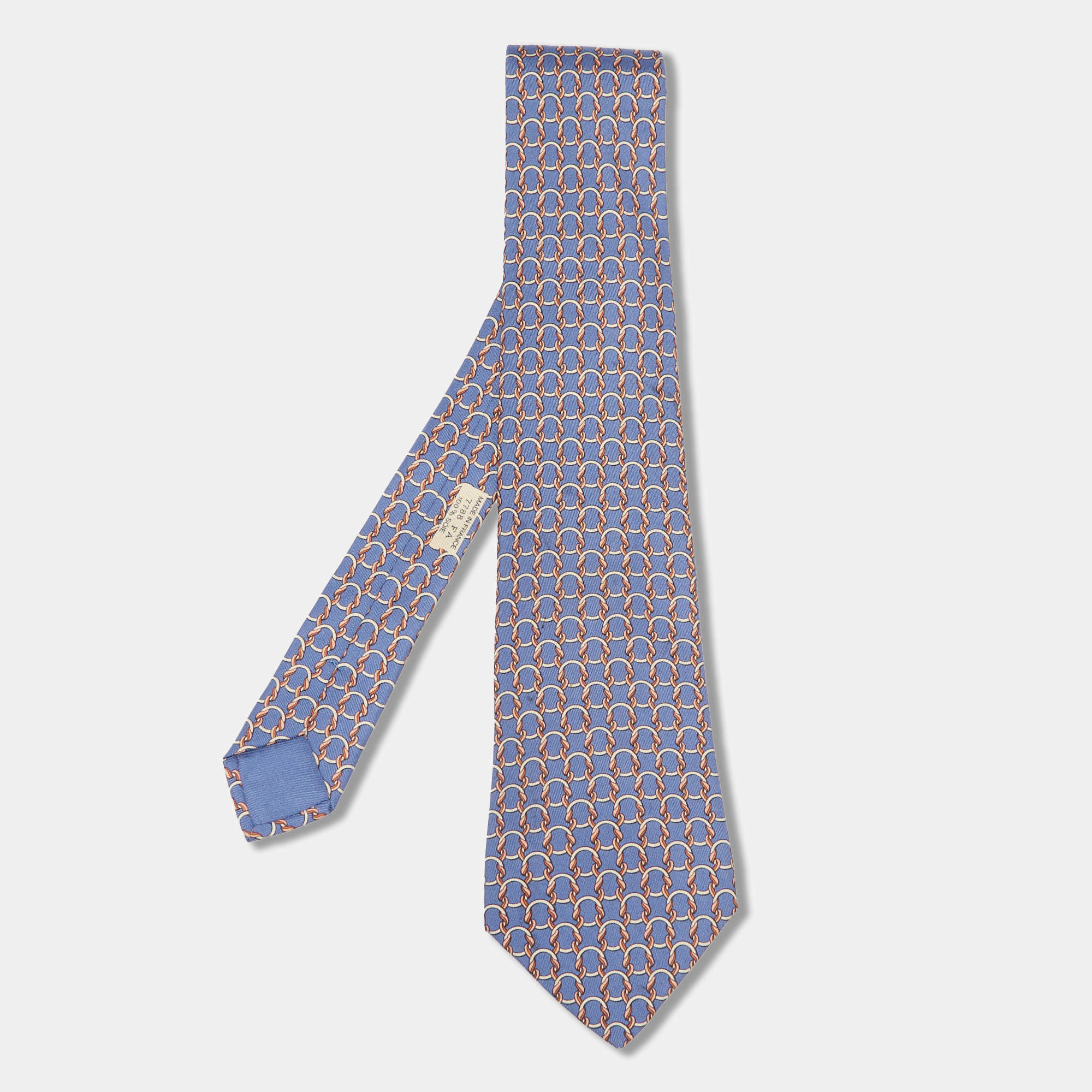 Pre Owned Hermes Blue Interlock Patterned Silk Traditional Tie