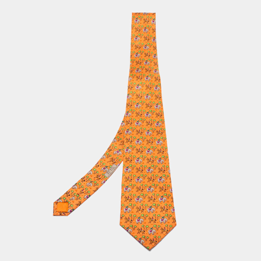 Pre Owned Hermes Orange Animal Printed Silk Tie