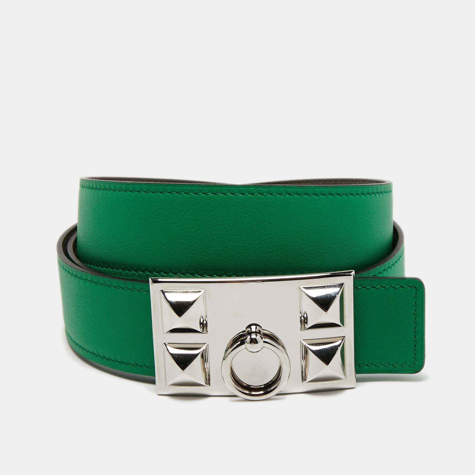 Pre Owned Hermes Etain/Bamboo Epsom and Chamonix Leather Collier De Chien Reversible Belt 95 CM
