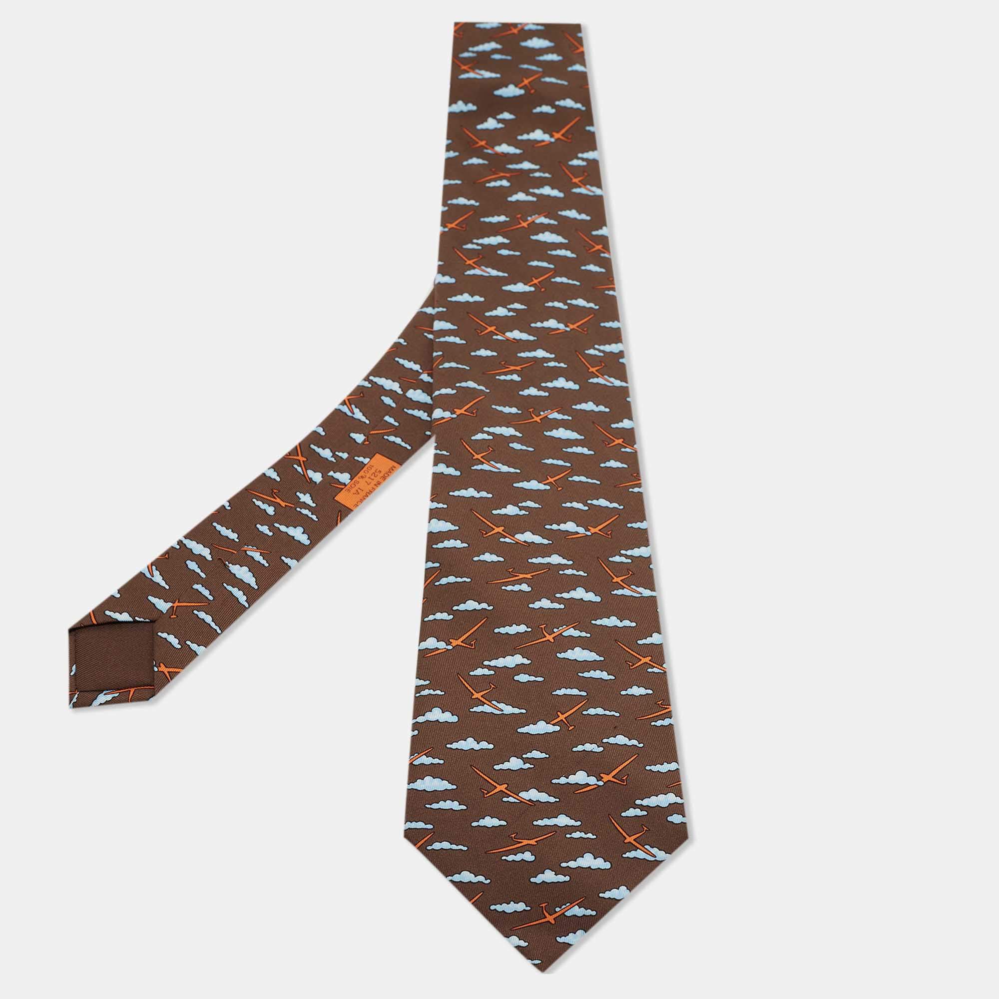 Hermes Brown Cloud Print Silk Classic Tie
