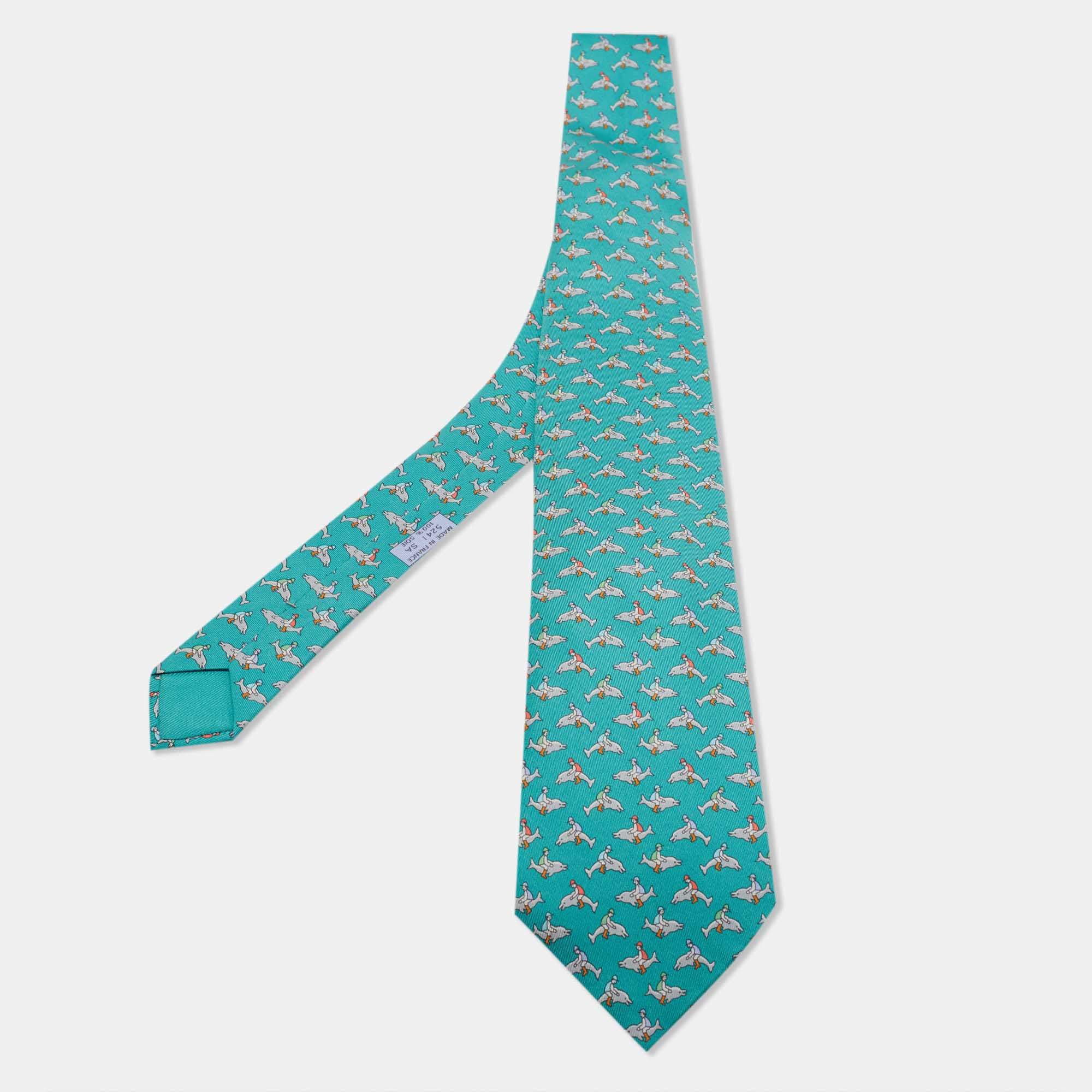 Pre Owned Hermes Teal Blue Dolphin Print Silk Classic Tie