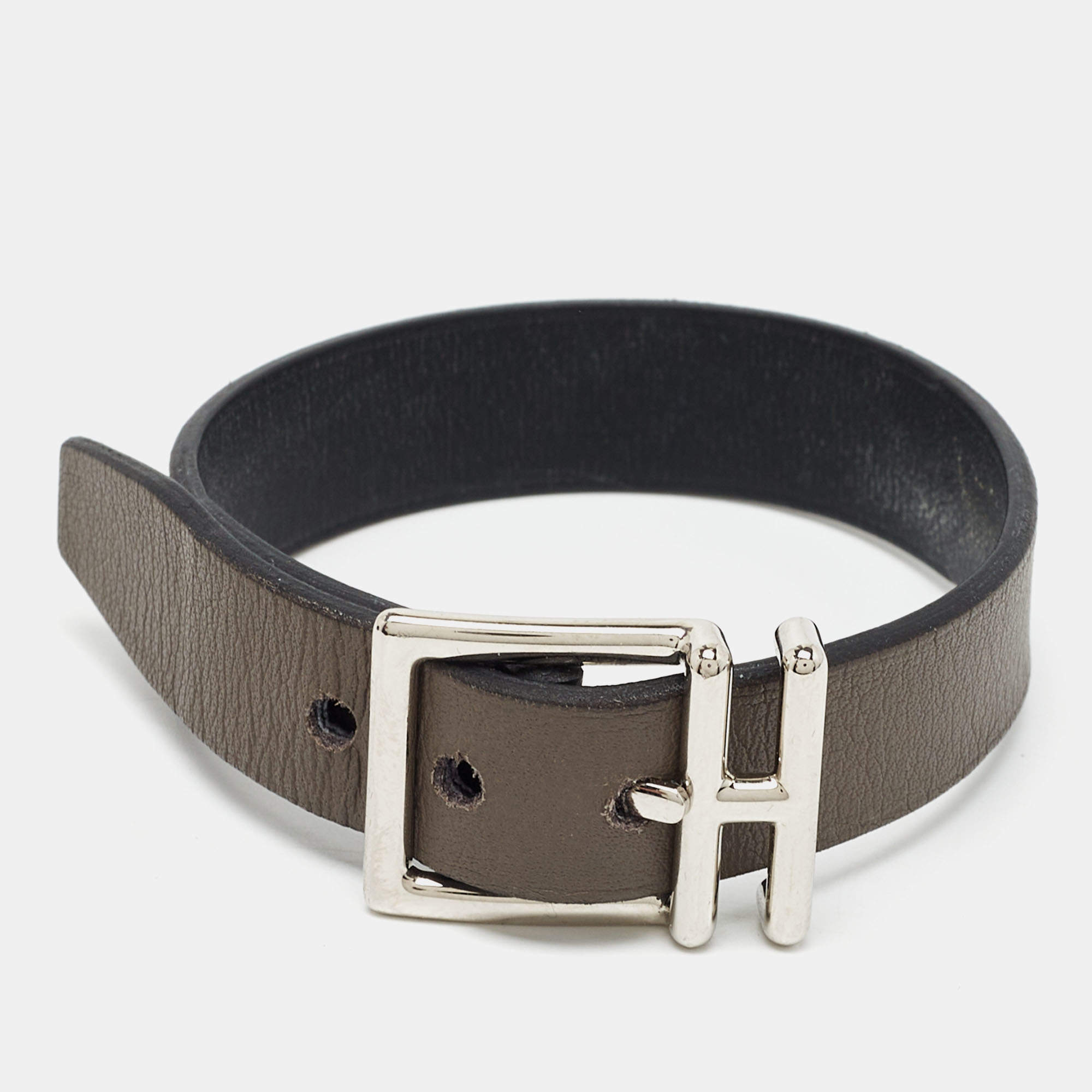 Hermes Leather Palladium Plated Reversible Bracelet