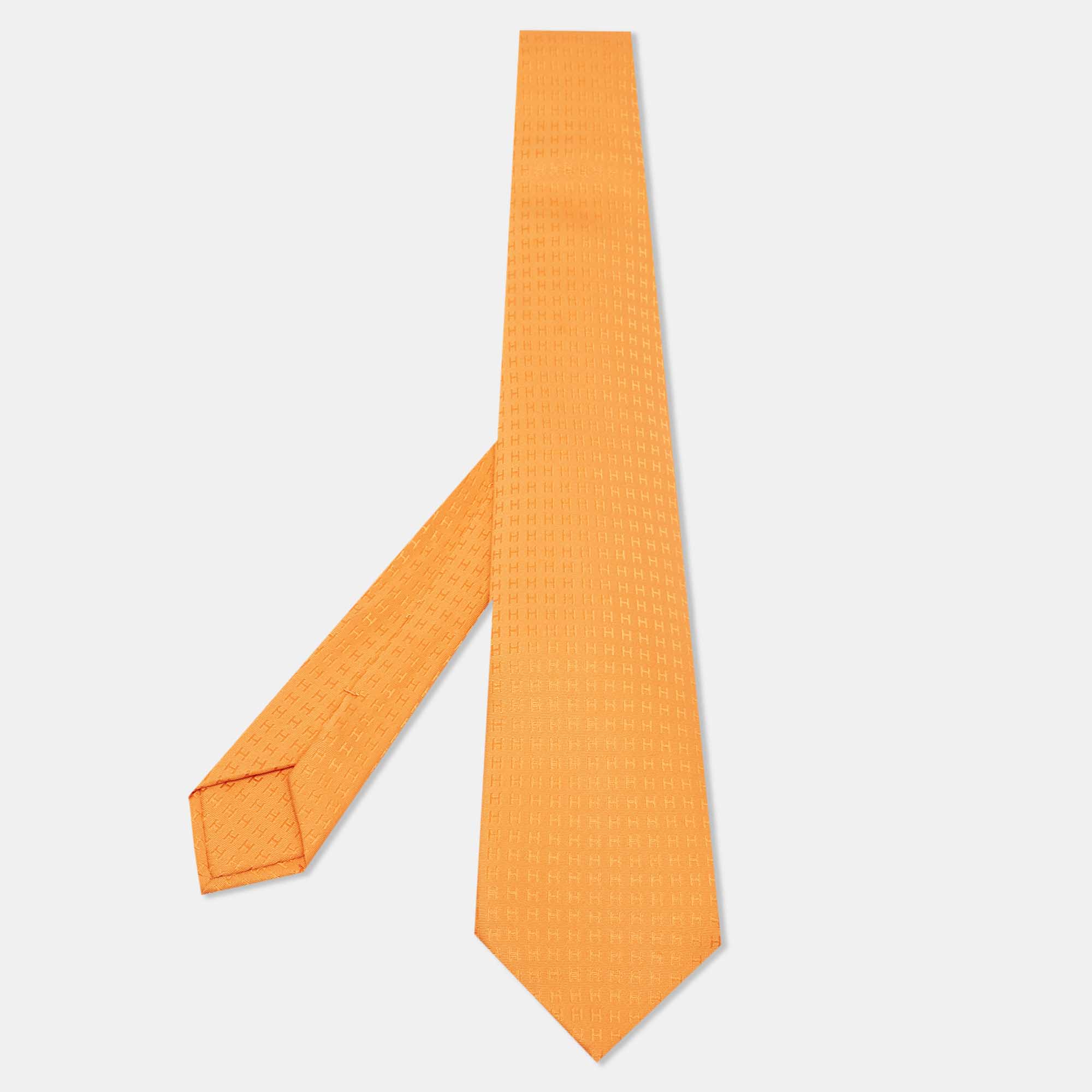 Hermès Orange Faconnee H Silk Tie