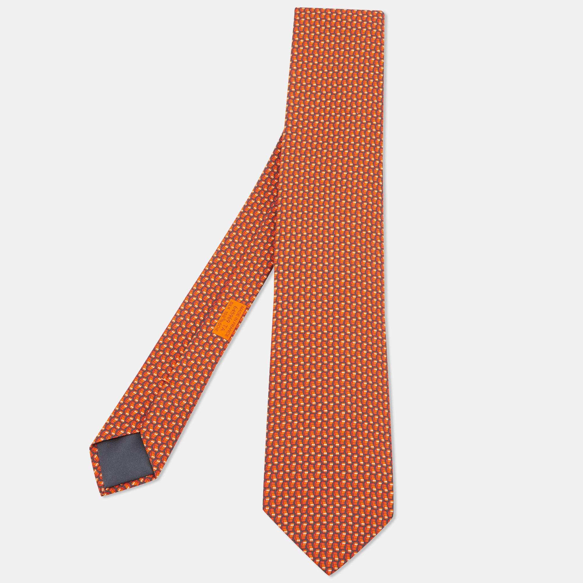 Hermès Orange & Black Motif Print Silk Tie