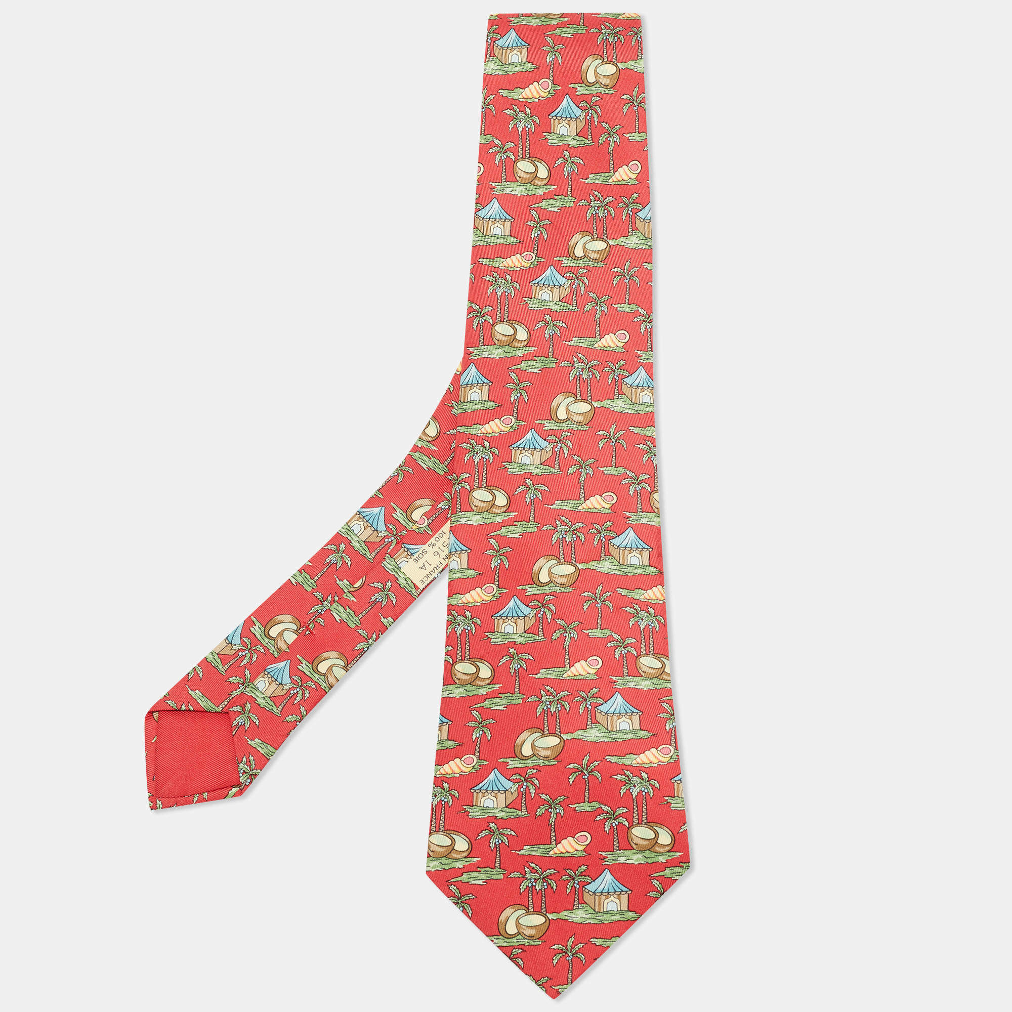 Hermes Red Tropical Island Printed Silk Tie