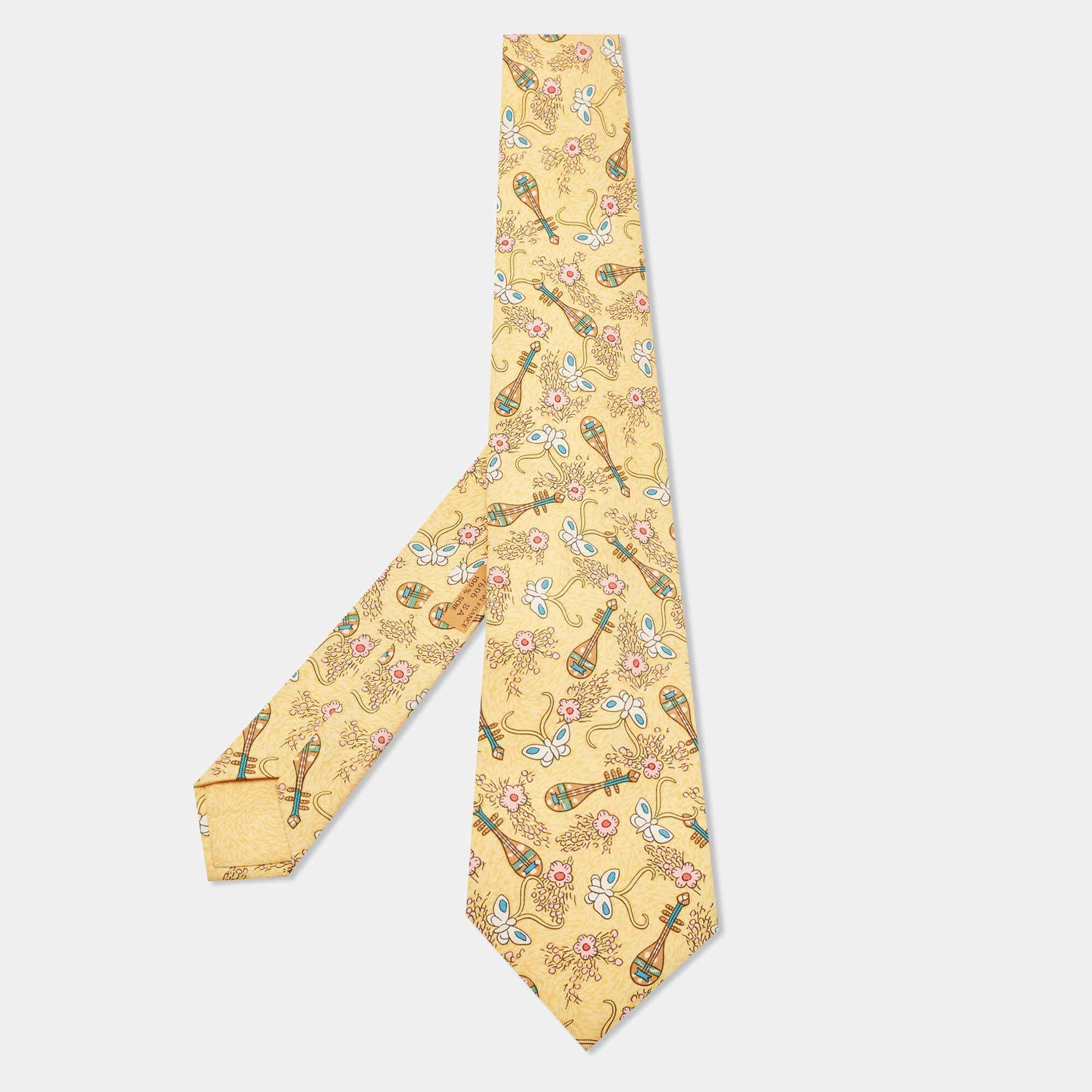 Pre Owned Hermes Yellow Mandolins & Butterflies Print Silk Tie