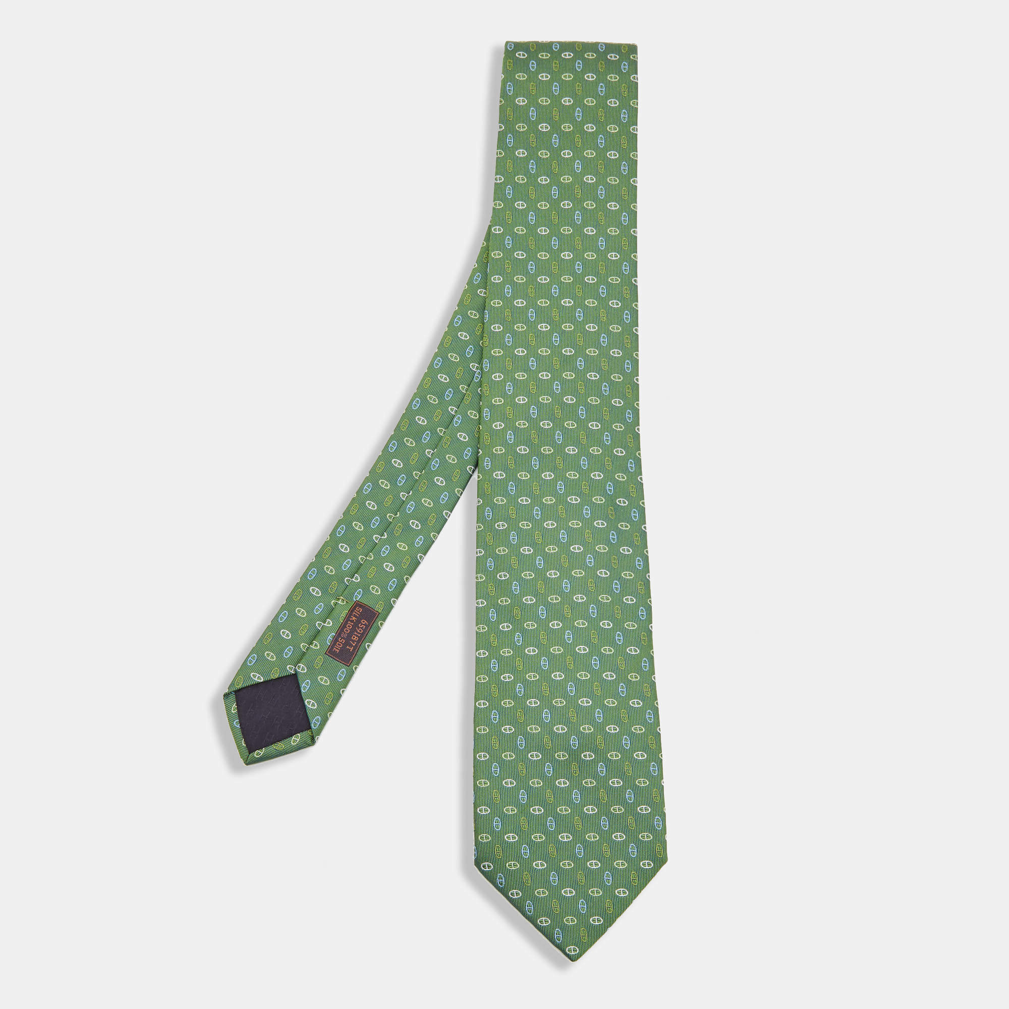 Pre Owned Hermes Green Chain Link Pattern Silk Jacquard Tie