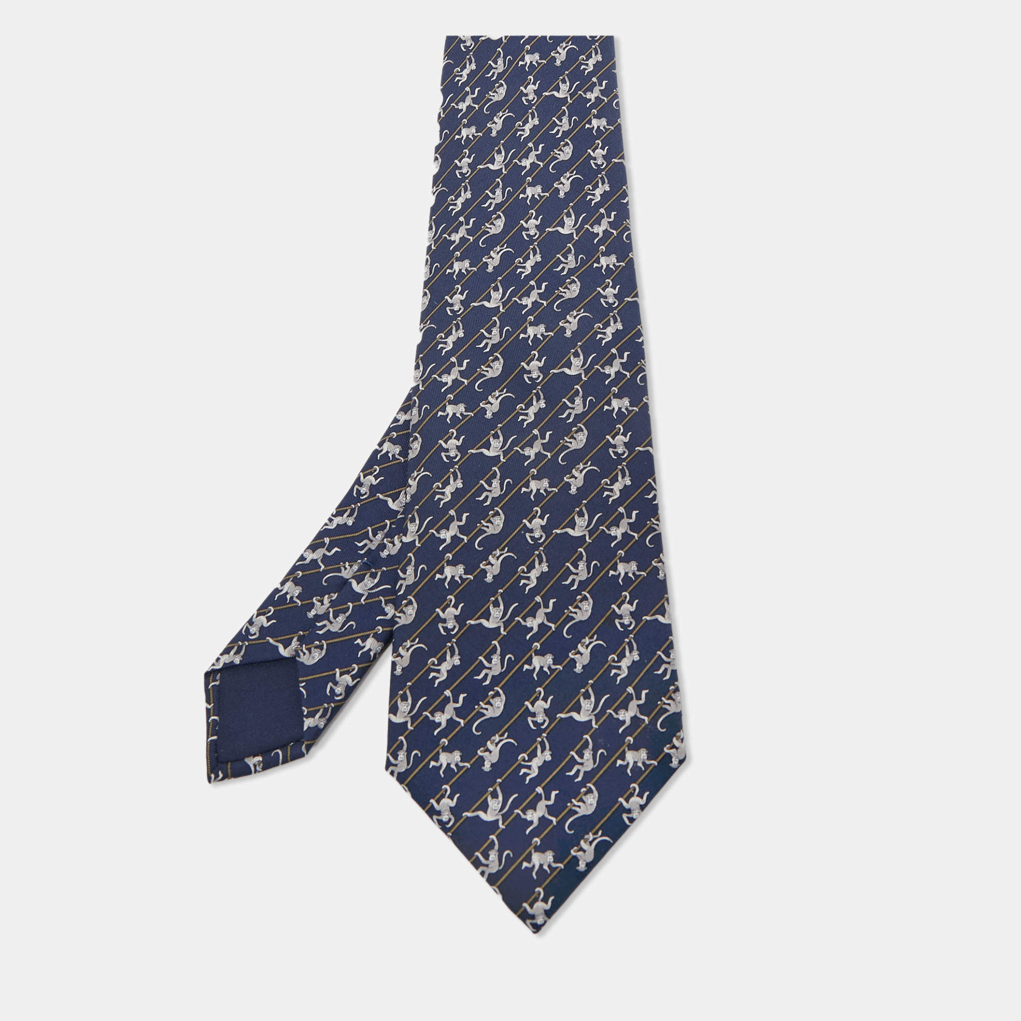 Pre Owned Hermes Navy Blue Monkey Print Silk Tie