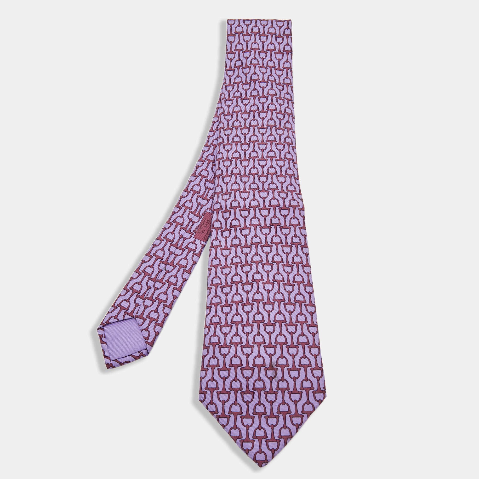 Pre Owned Hermes Purple Horsebit Print Silk Traditional Tie