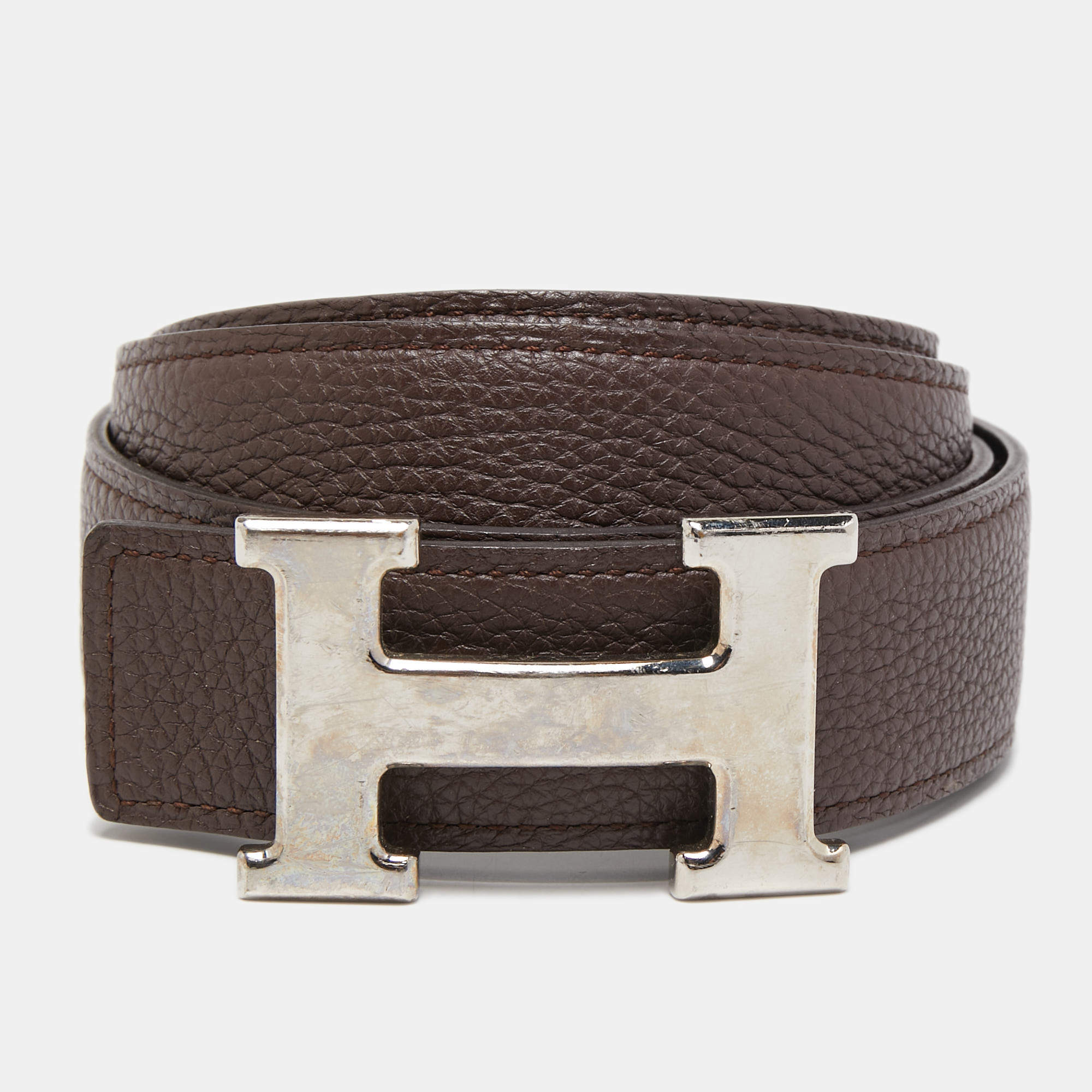 Hermes Black/Chocolat Box and Togo Leather Reversible H Buckle Belt 90CM