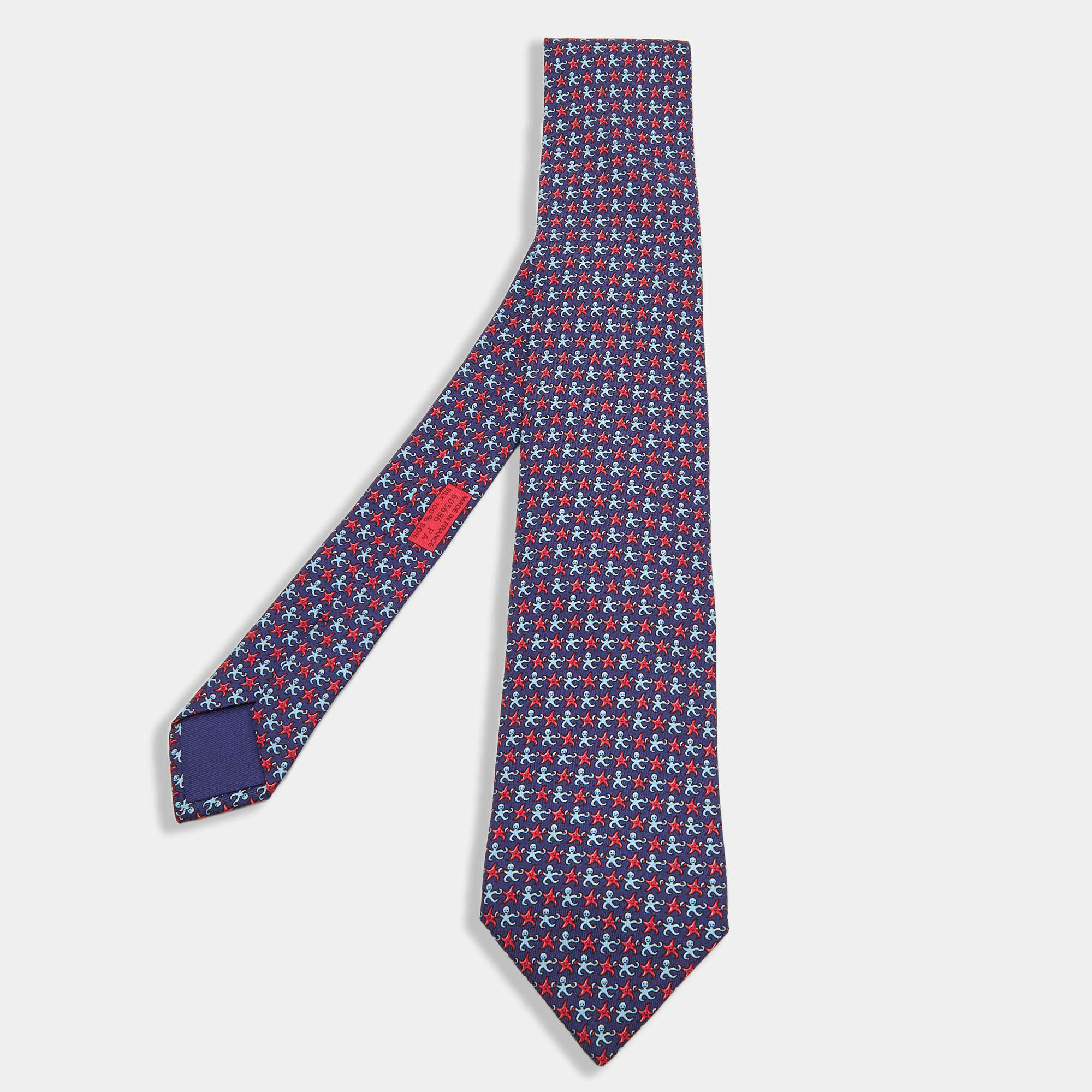Pre Owned Hermes Navy Blue Octopus & Starfish Print Silk Tie
