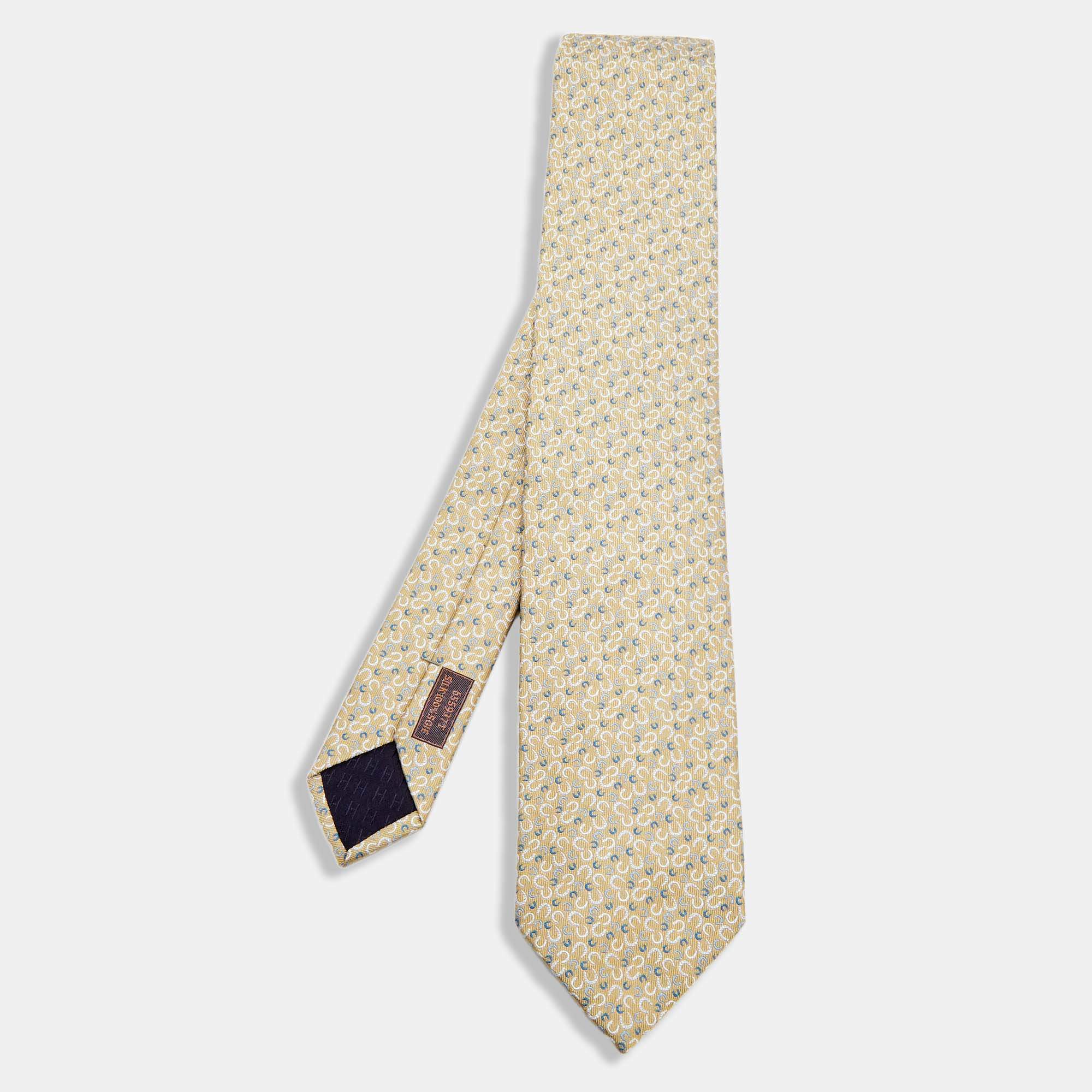 Pre Owned Hermes Light Yellow Patterned Silk Tie