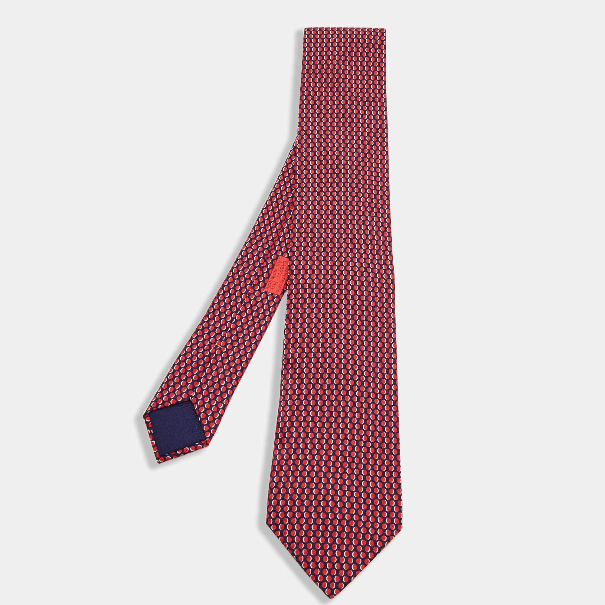 Pre Owned Hermes Red/Navy Blue Dotted Silk Tie