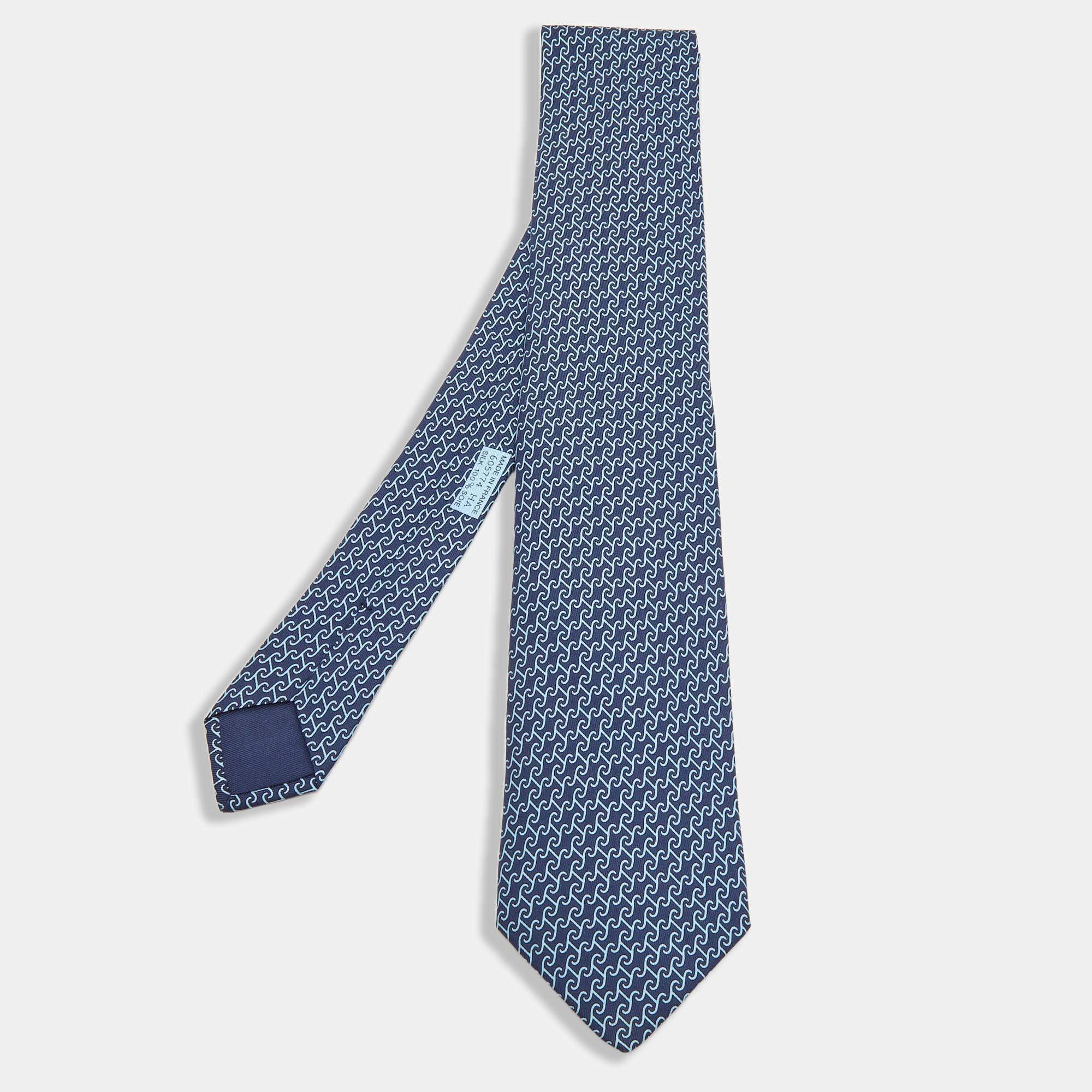 Hermes Dark Blue Twill Printed Silk Heraklion Tie Hermes | The Luxury ...