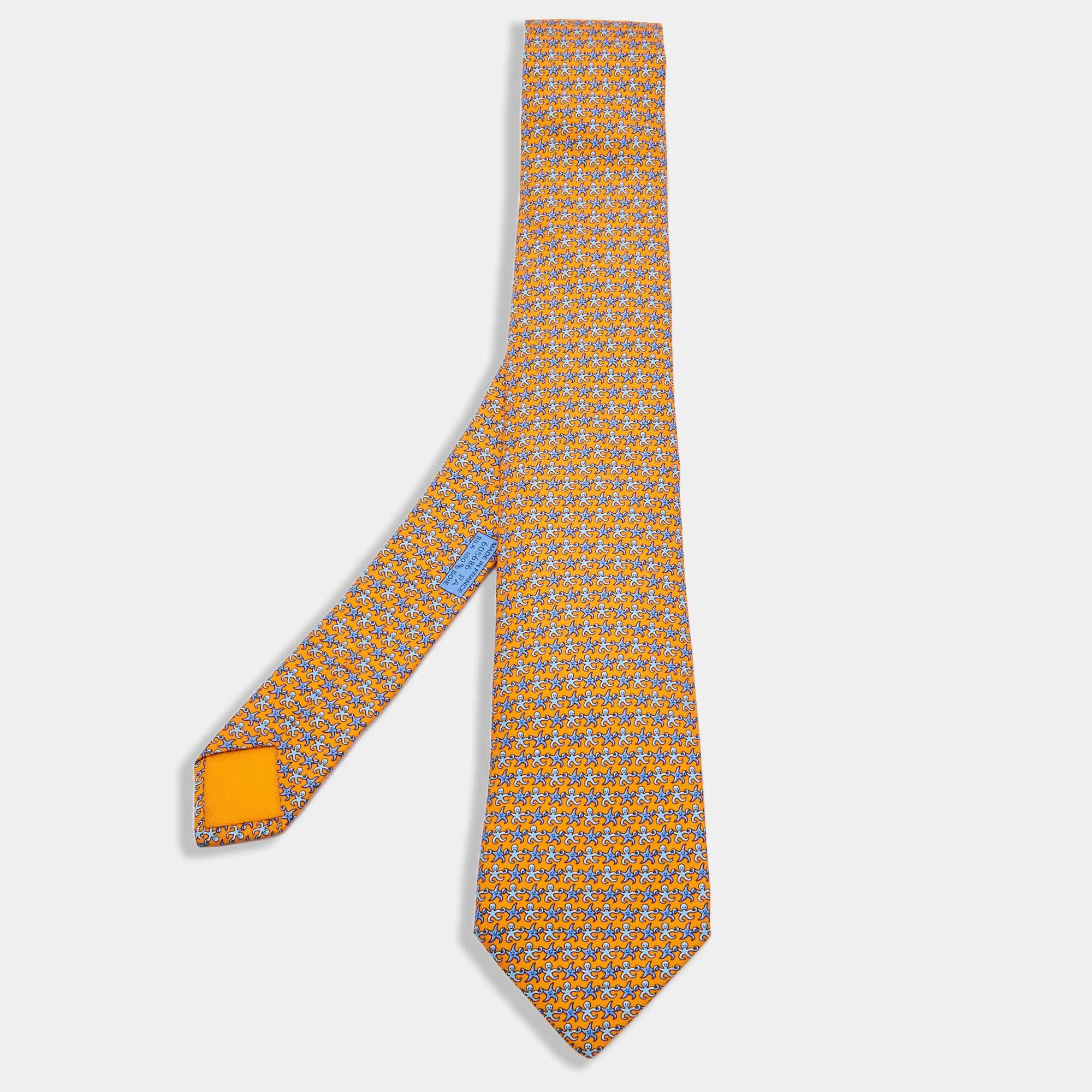 Pre Owned Hermes Orange Octopus & Starfish Print Silk Tie