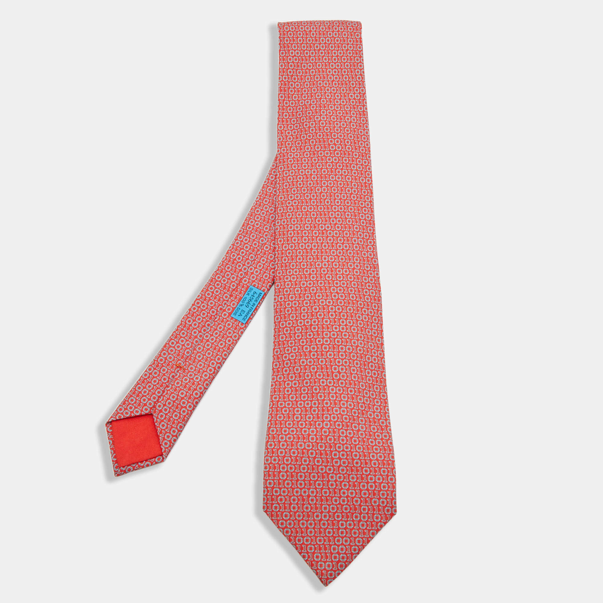 Pre Owned Hermes Red Numerical Print Silk Tie