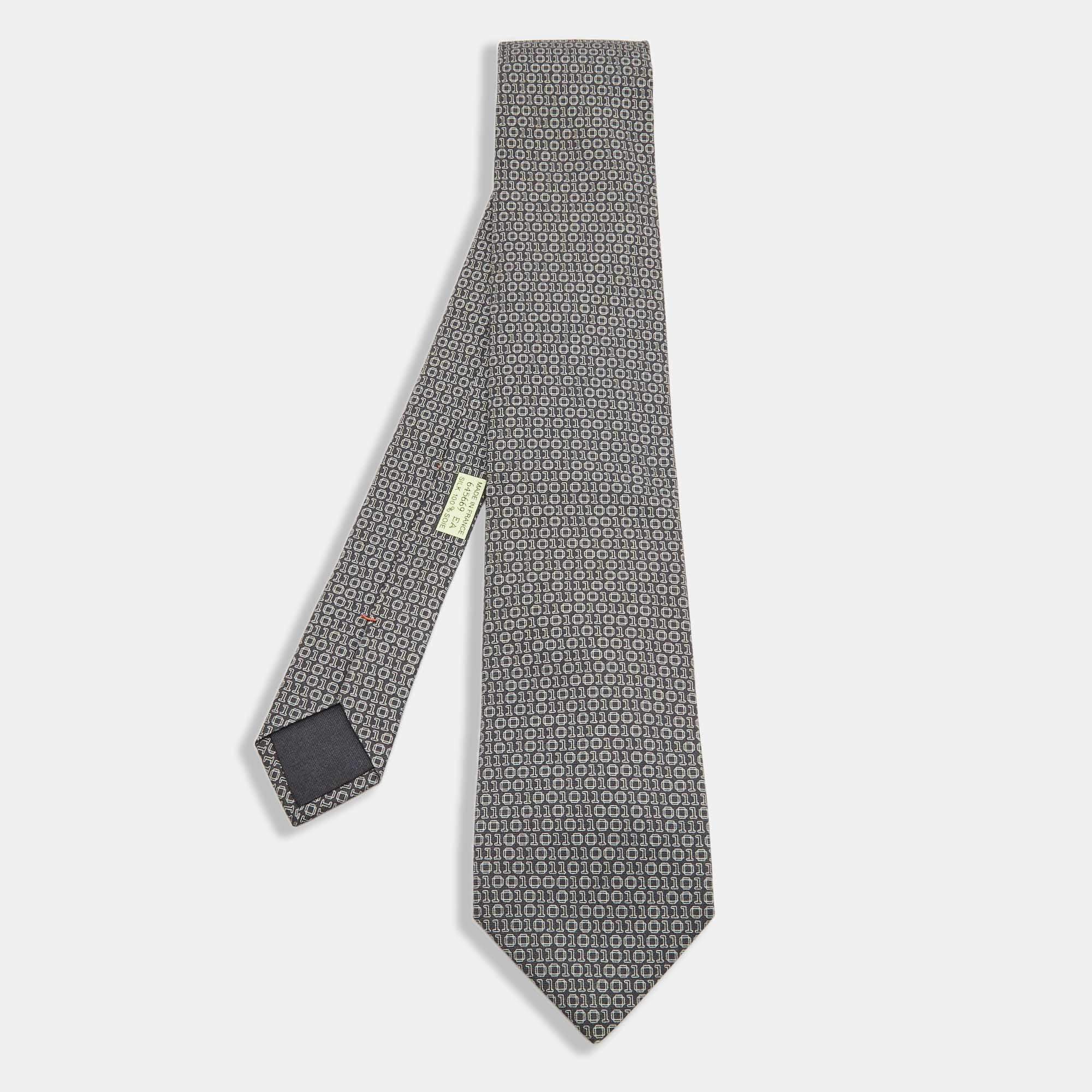 Hermes Grey Numerical Print Silk Tie