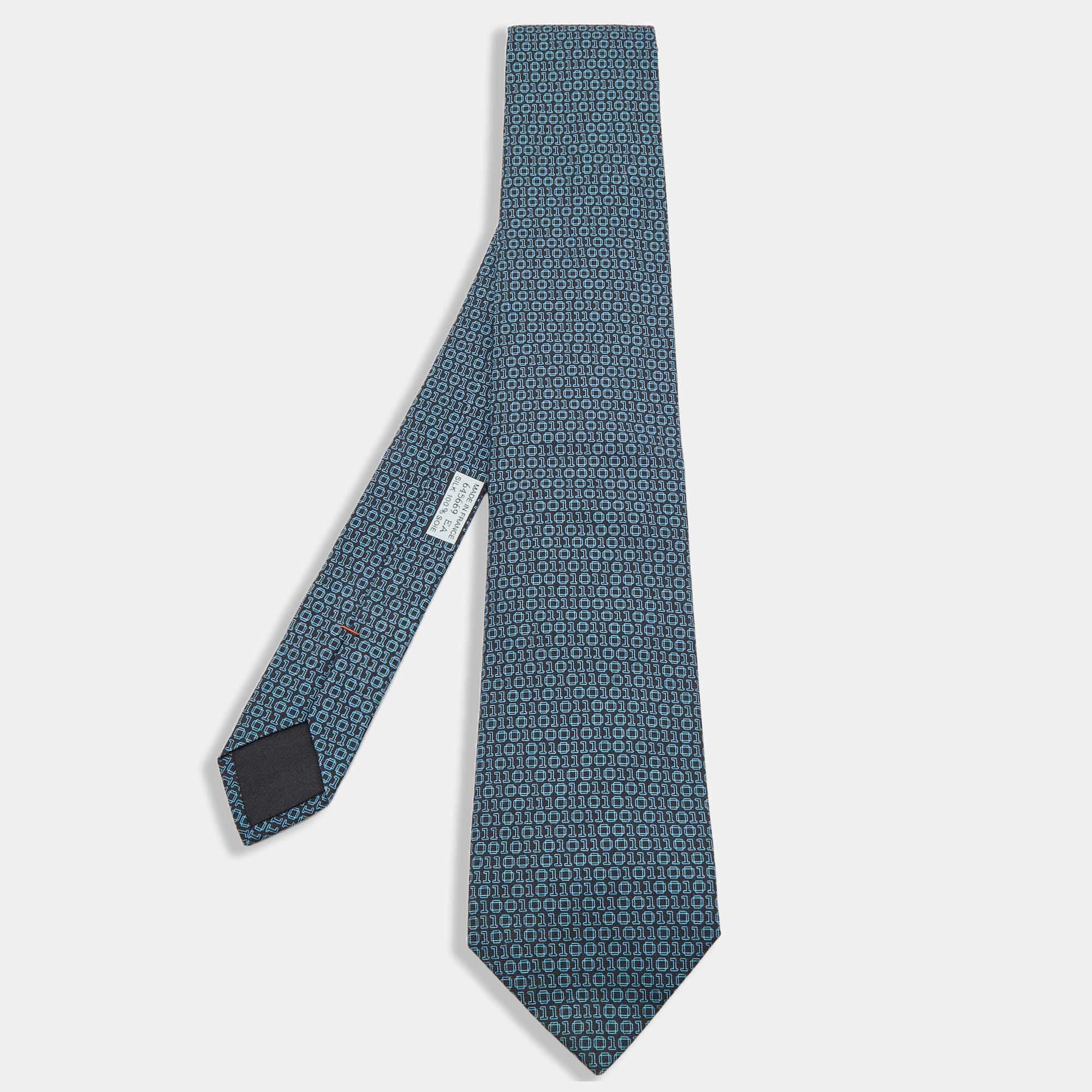 Pre Owned Hermes Blue/Black Numerical Print Silk Tie