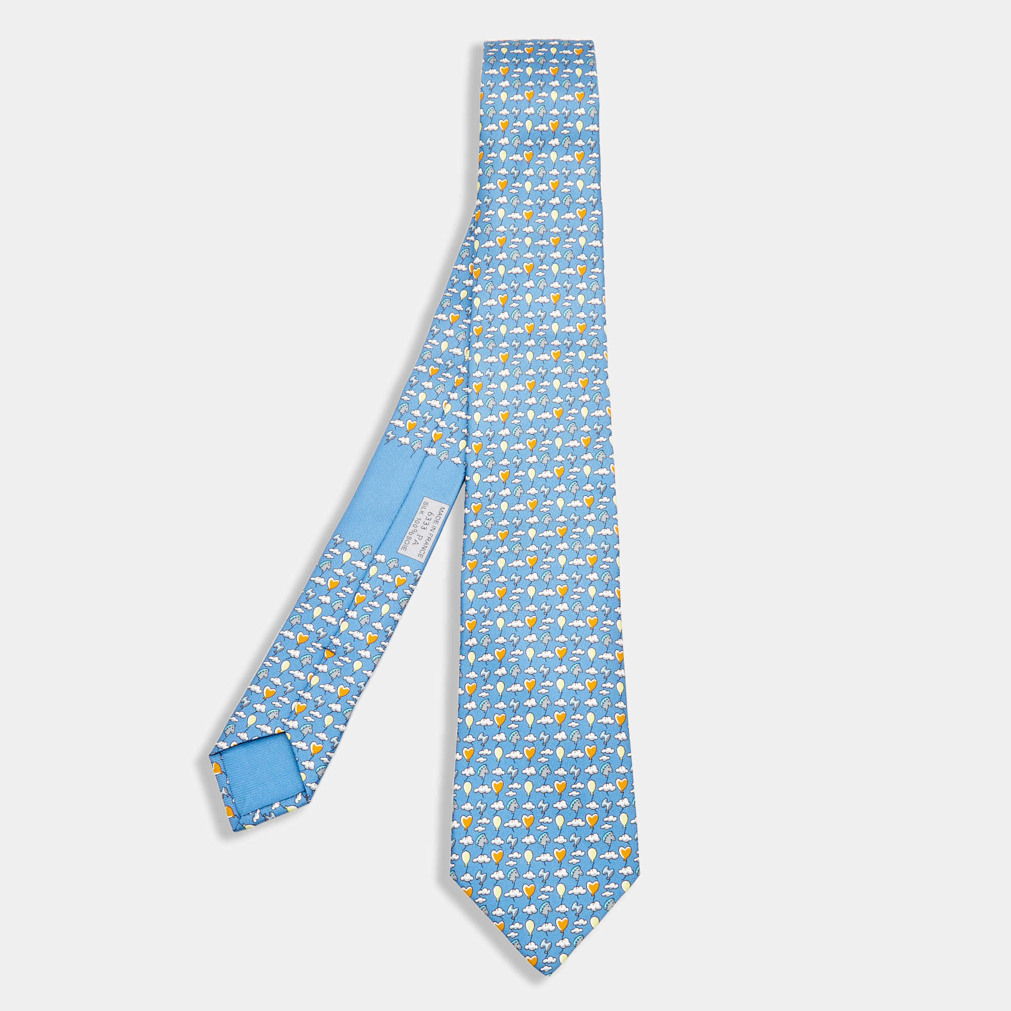Hermes Blue Up In The Clouds Printed Silk Slim Tie