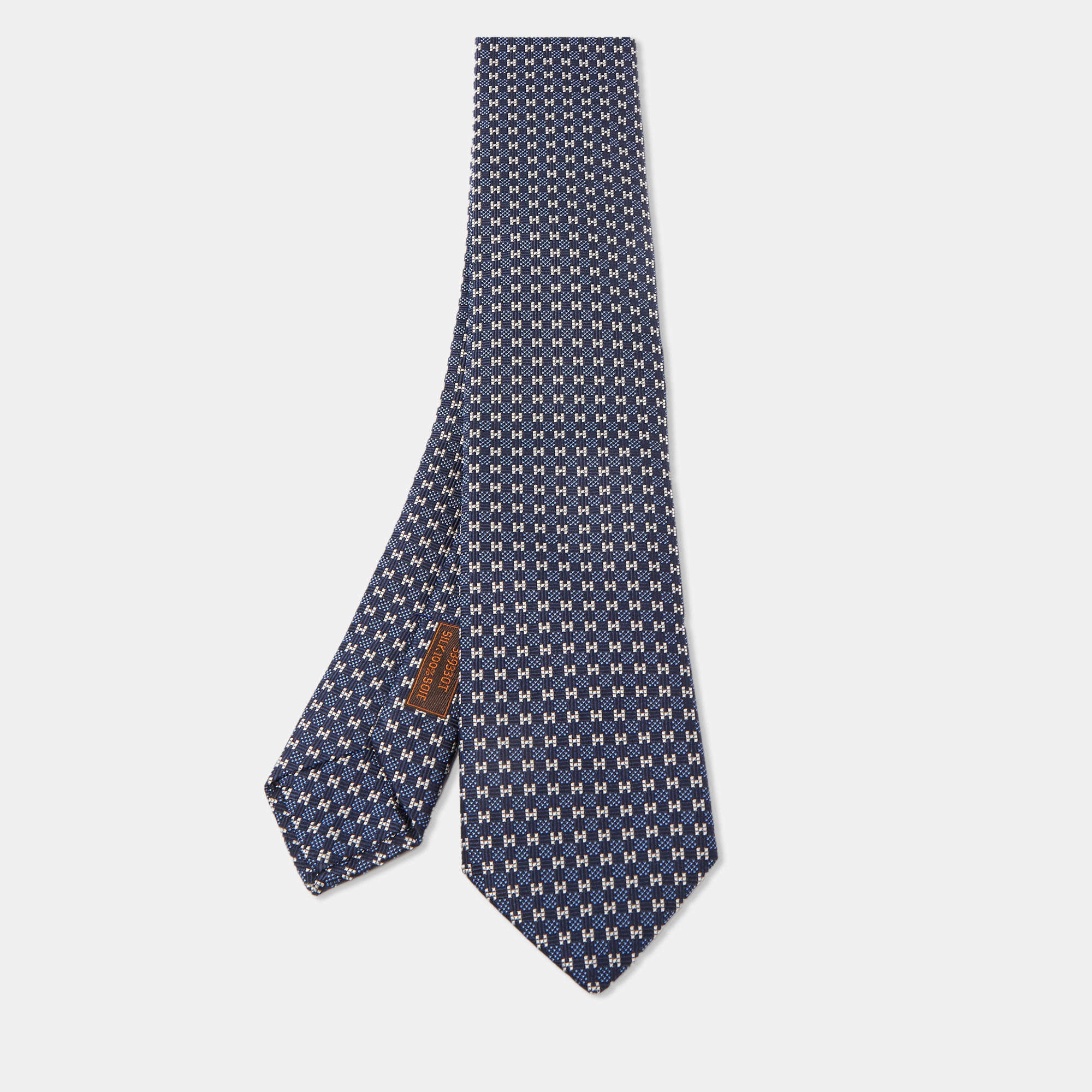 Pre Owned Hermès Navy Blue 7 H Cheval A La Couverture Silk Jacquard Slim Tie