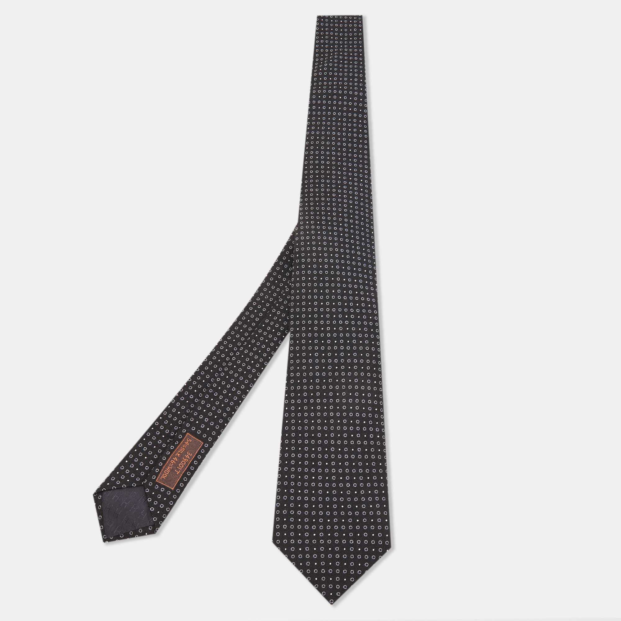 Pre Owned Hermès Black Cercles Et Pois Silk & Wool Jacquard Slim Tie
