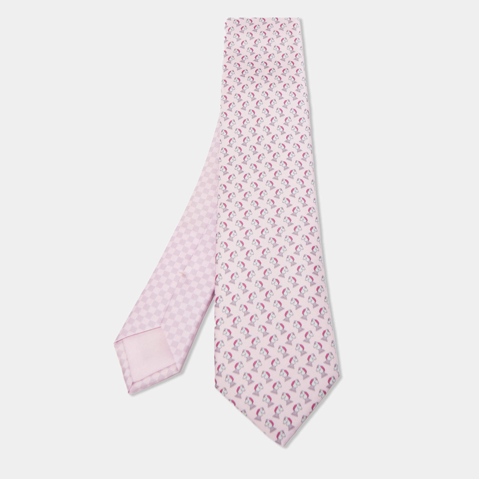 Pre Owned Hermès Pink Echec Et Mat Printed Silk Slim Tie