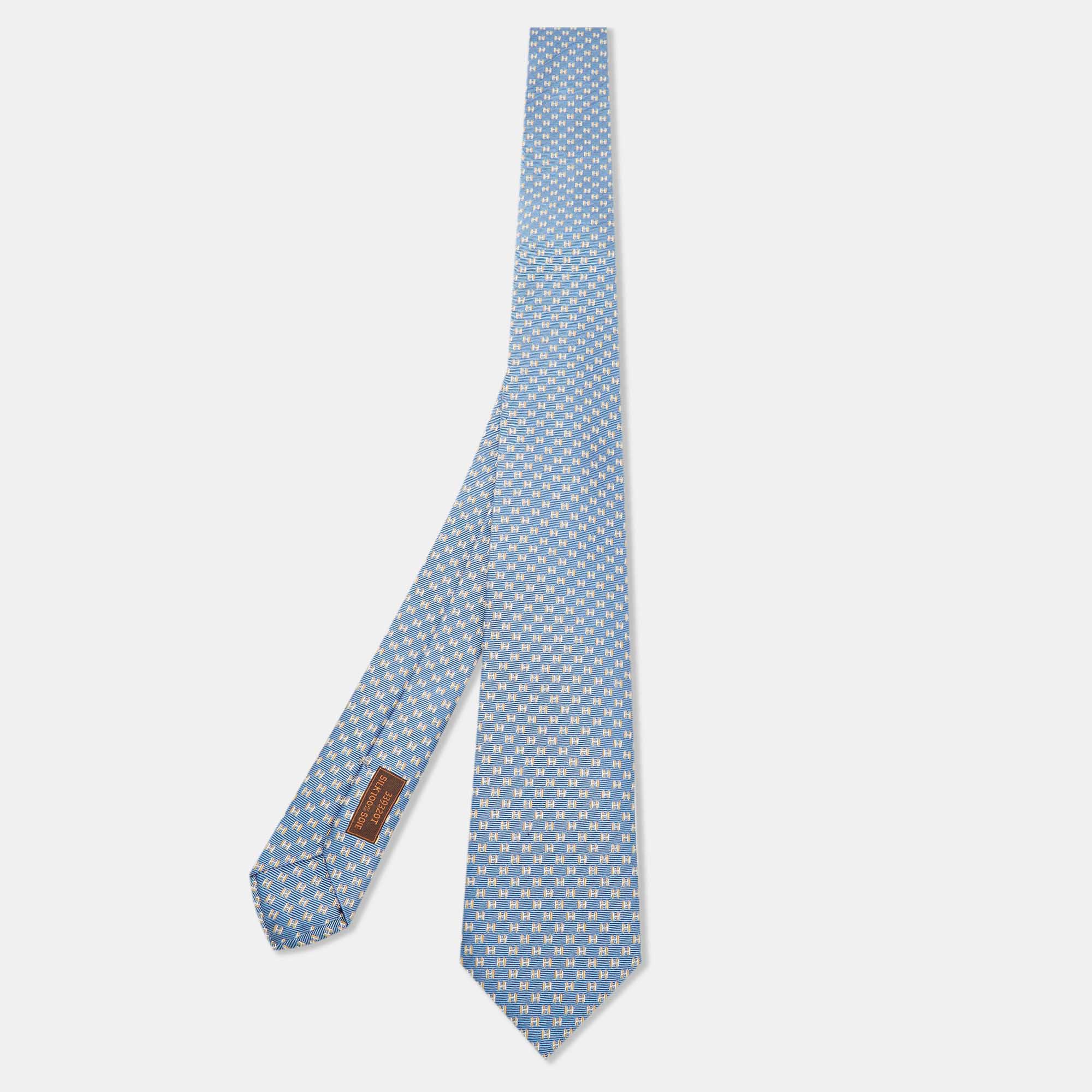 Pre Owned Hermès Blue H Pattern Silk Jacquard Slim Tie