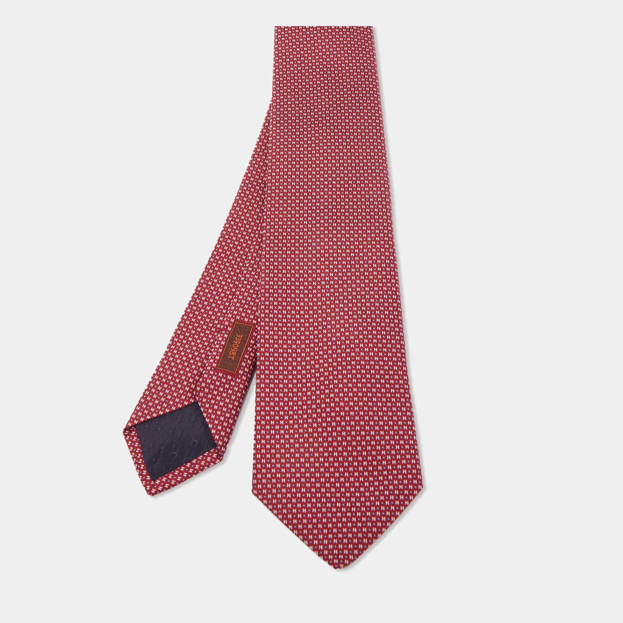 Pre Owned Hermès Red 7 Mega Chariot Silk Jacquard Slim Tie