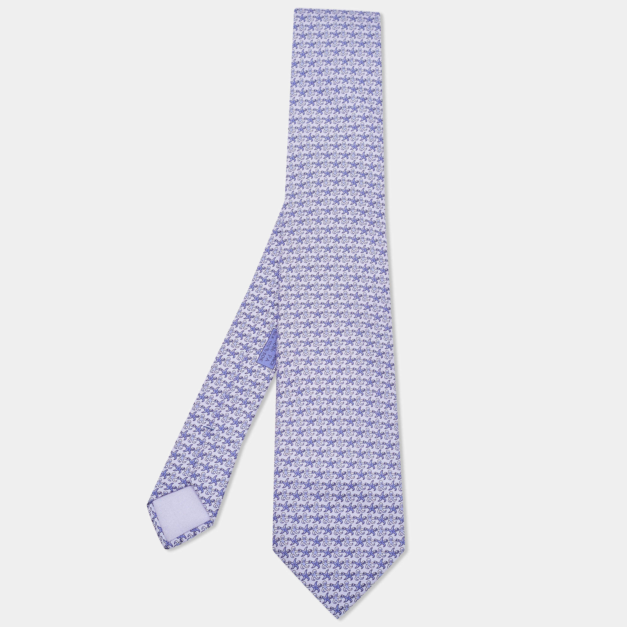 Pre Owned Hermes Blue Octopus & Starfish Print Silk Tie 