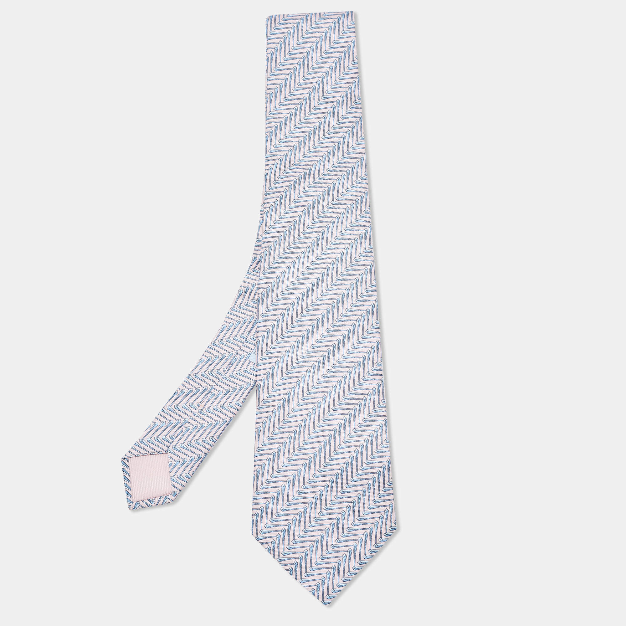 Pre Owned Hermes Light Pink/Blue Geometric Print Silk Traditional Tie