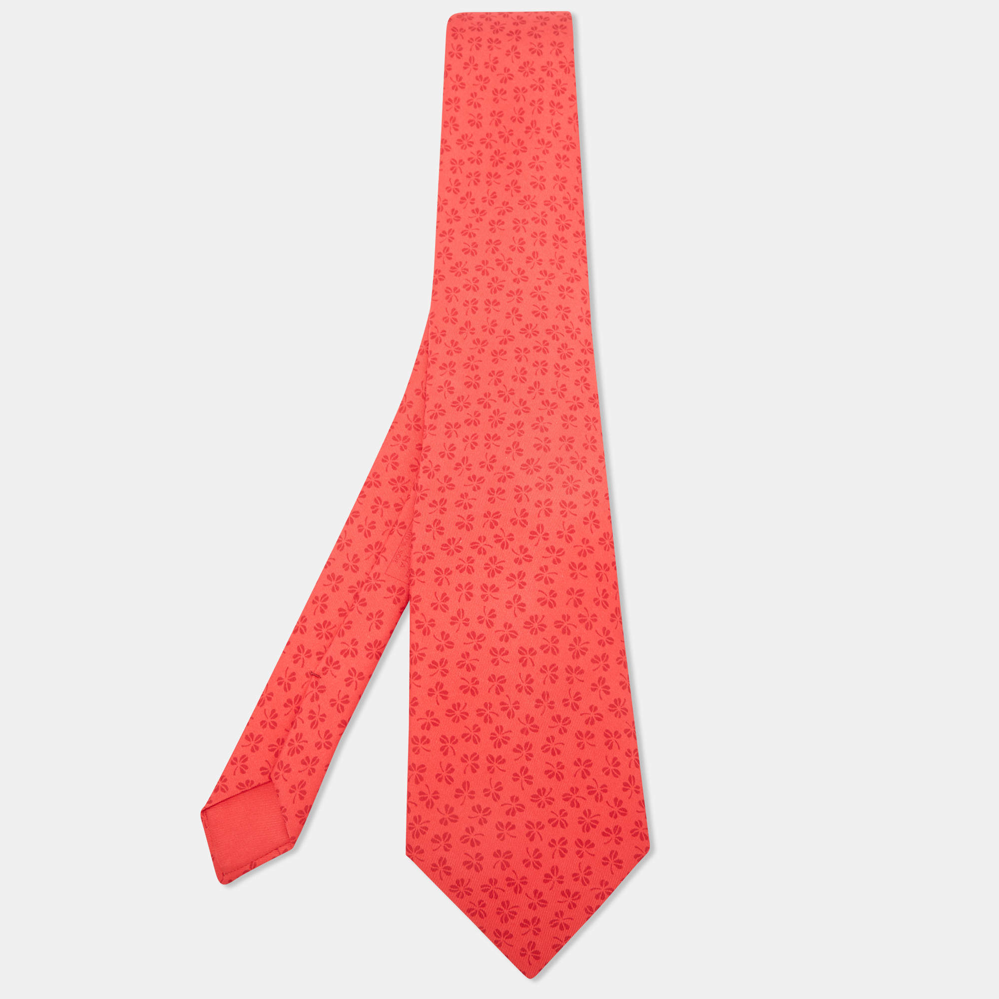 Hermes Red Clover Leaf Print Silk Traditional Tie