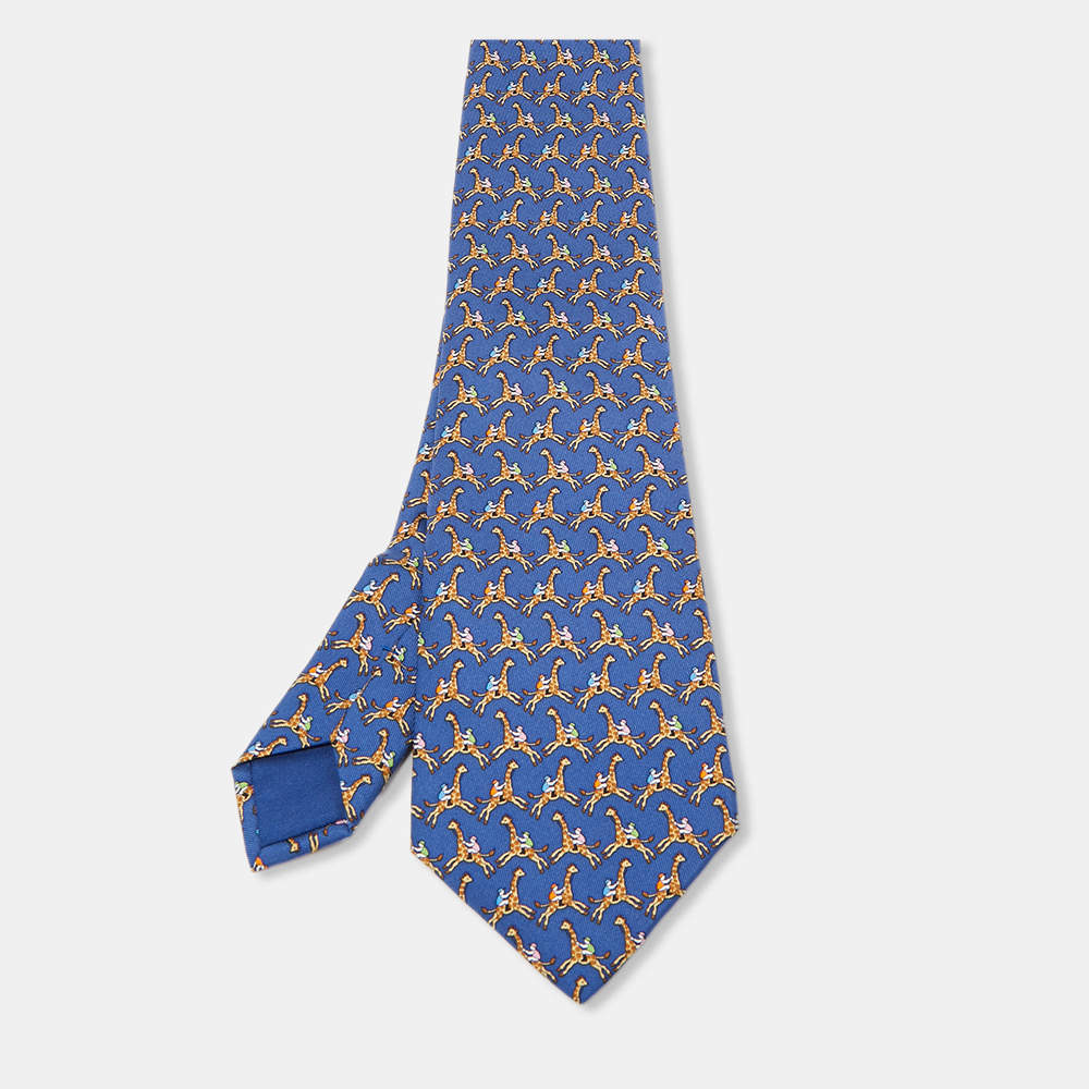 Hermes Navy Blue Sophie Giraffe Print Silk Tie