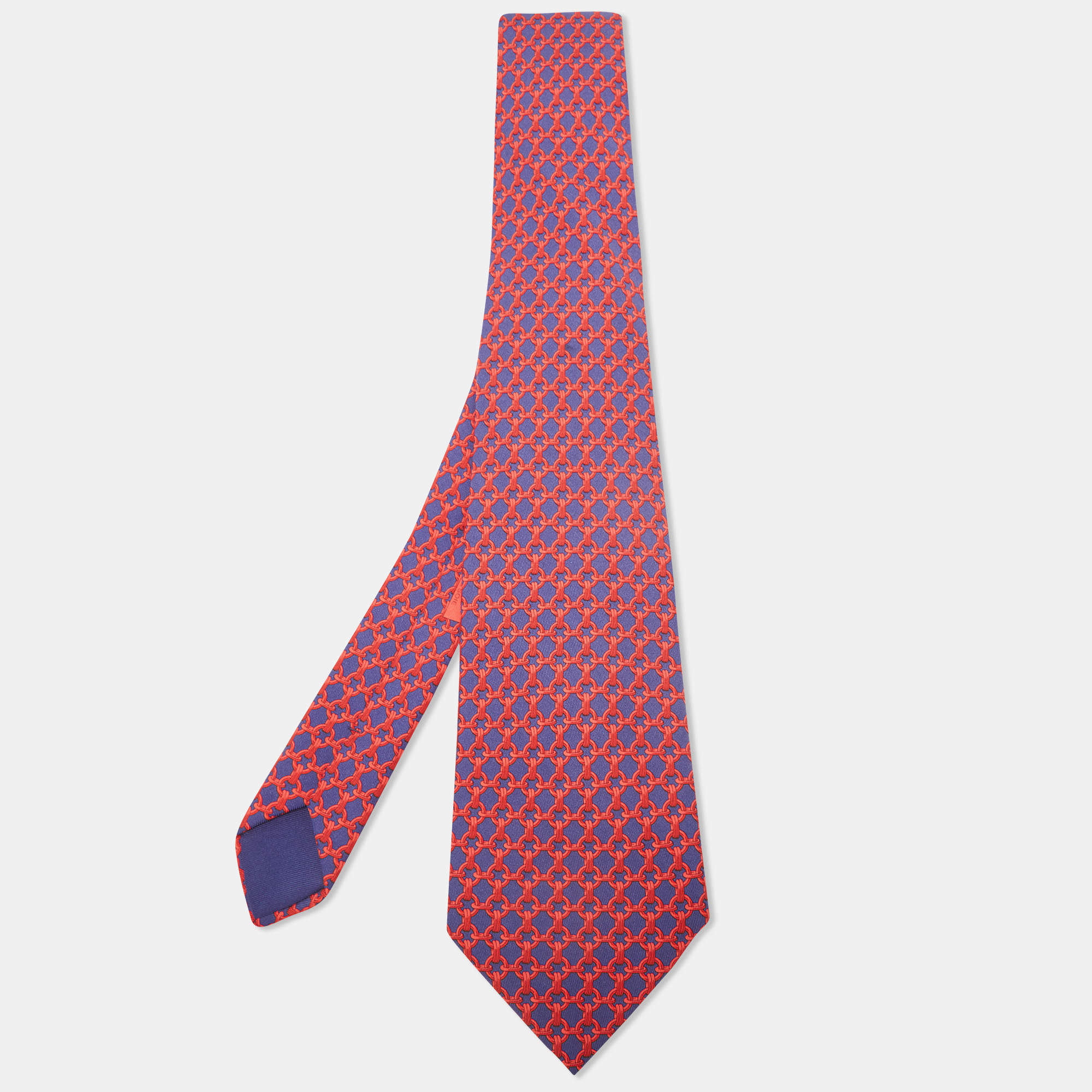 Hermes Navy Blue/Red Chain Link Print Silk Traditional Tie
